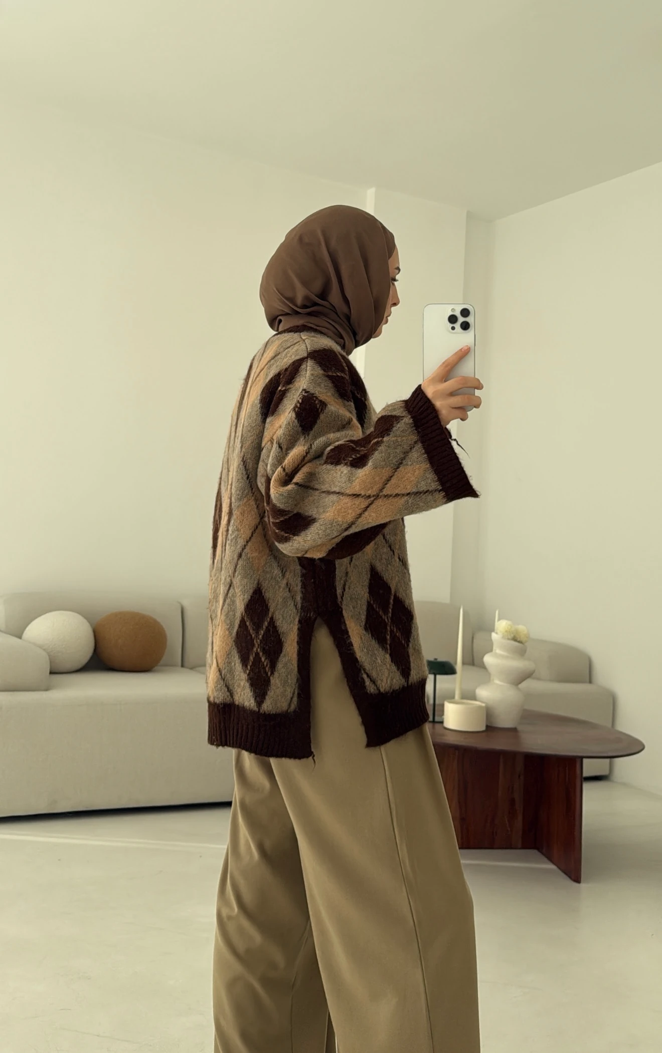 Kolu Yırtmaç Detay Tasarım Kazak Kahve