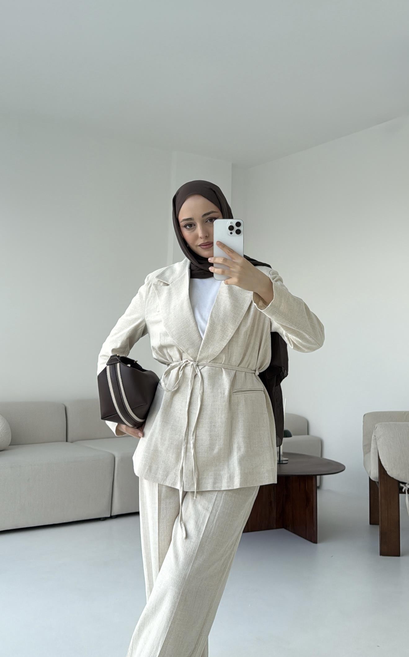 Bağlamalı Keten Ceketli Takım Natural