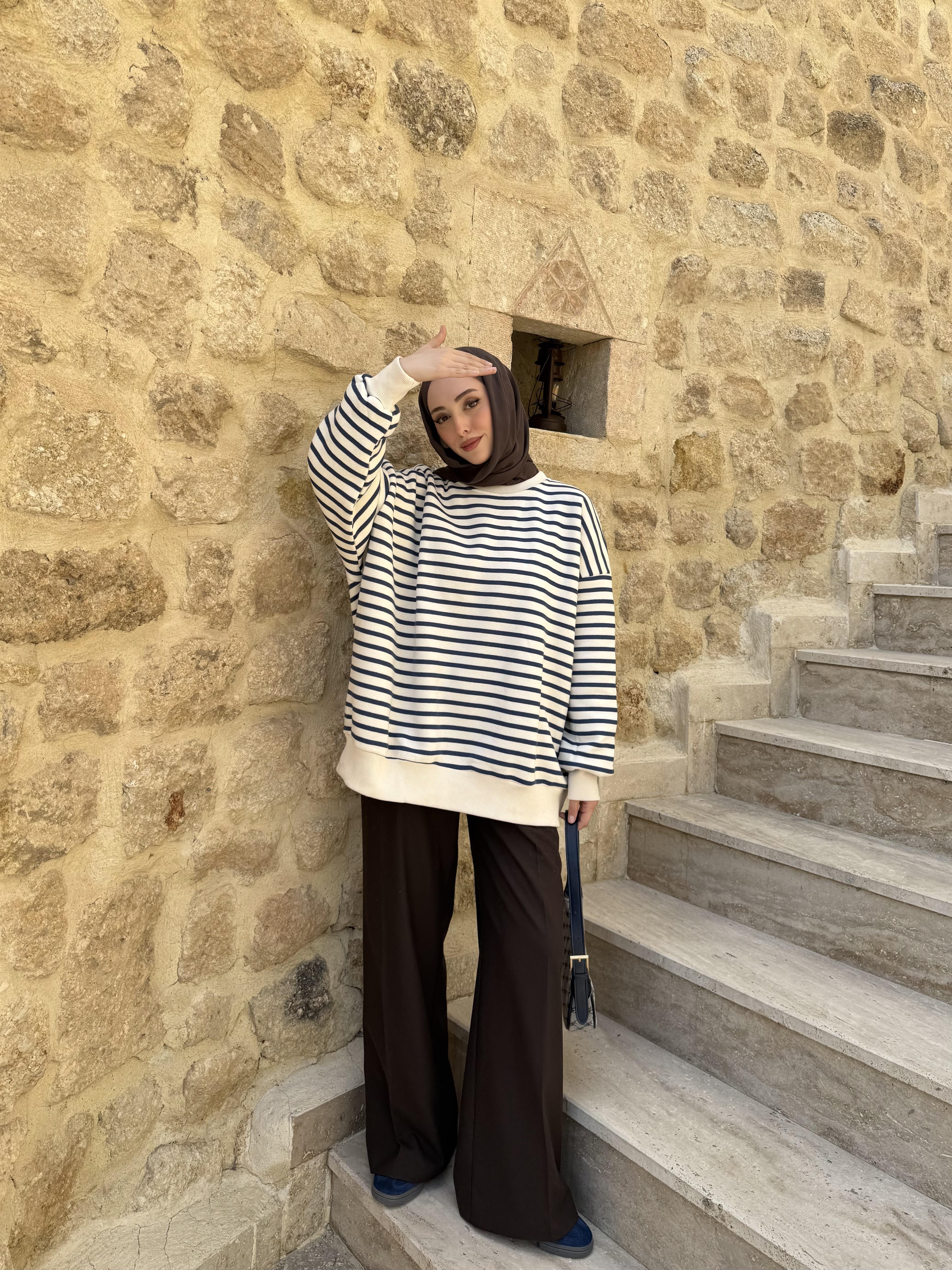 Çizgili Oversize Sweatshirt Lacivert