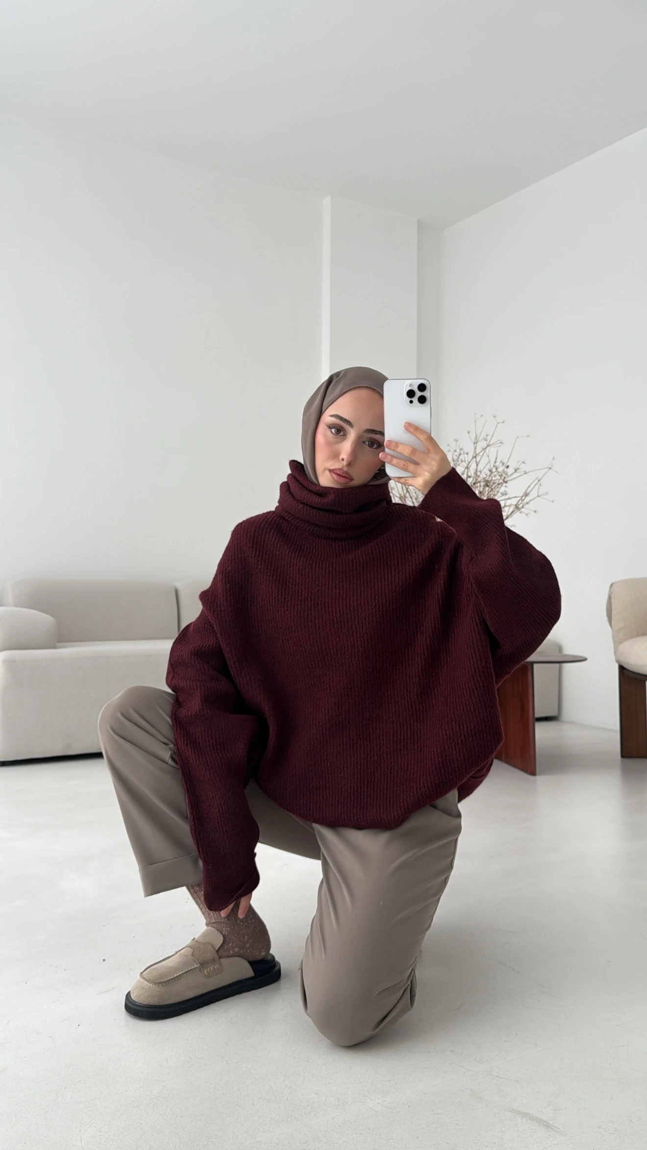 Balıkçı Yaka Oversizse Triko Kazak Bordo