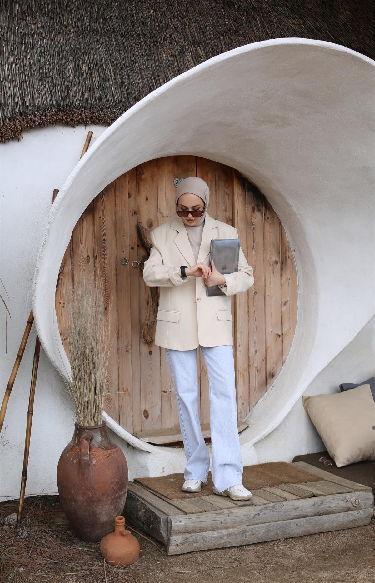 Oversize Kesim Blazer Ceket Bej