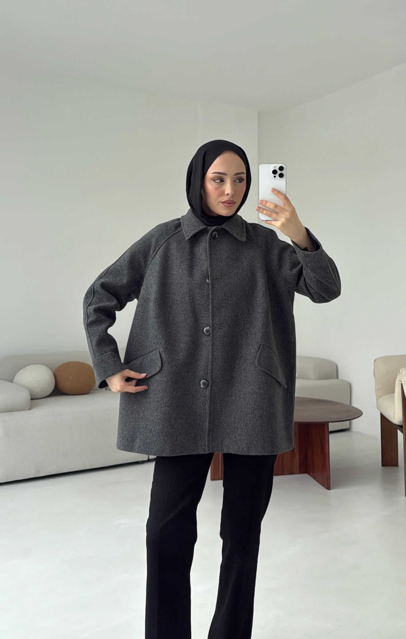 Ön Düğmeli Kaban Antrasit