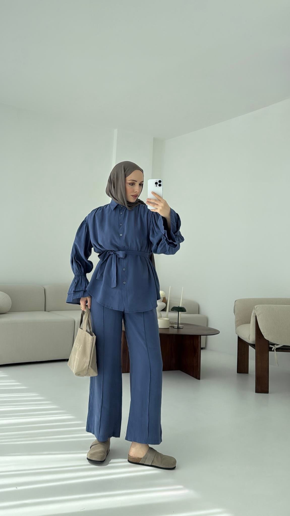 Büzgülü Oversize Gömlek Takım İndigo