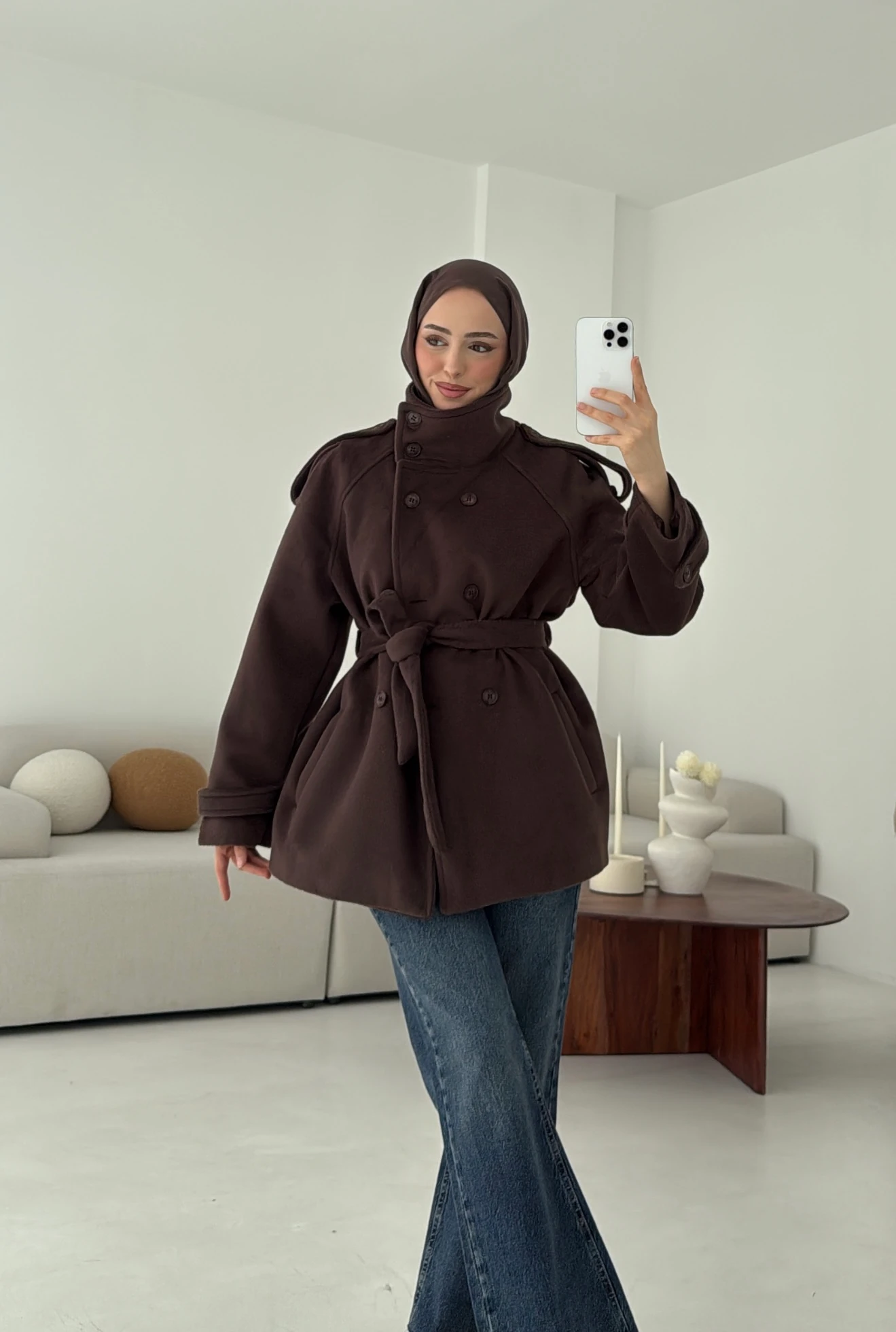 Kuşaklı Oversize Kaşe Kaban Kahve