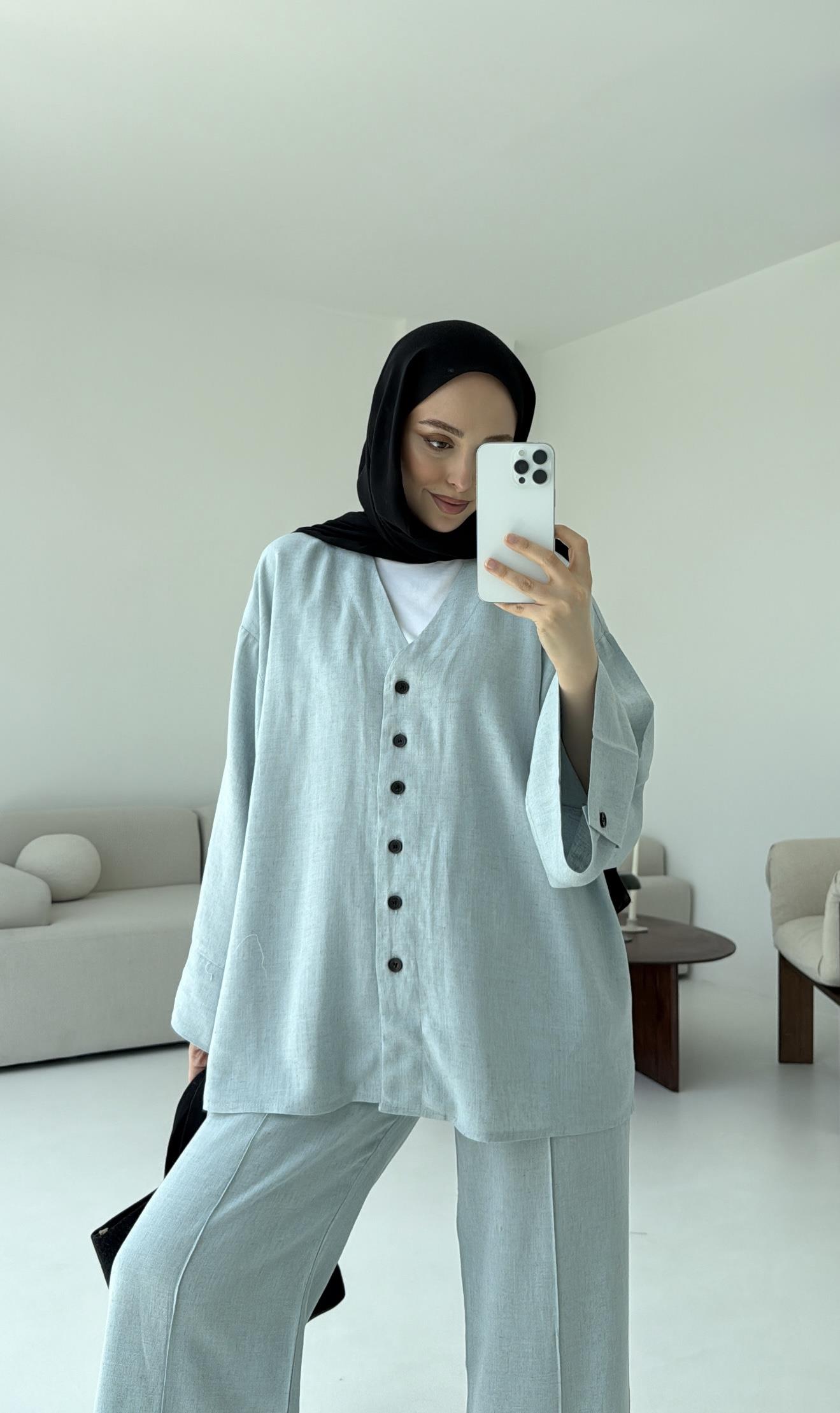 Düğmeli Kimono Takım Mavi