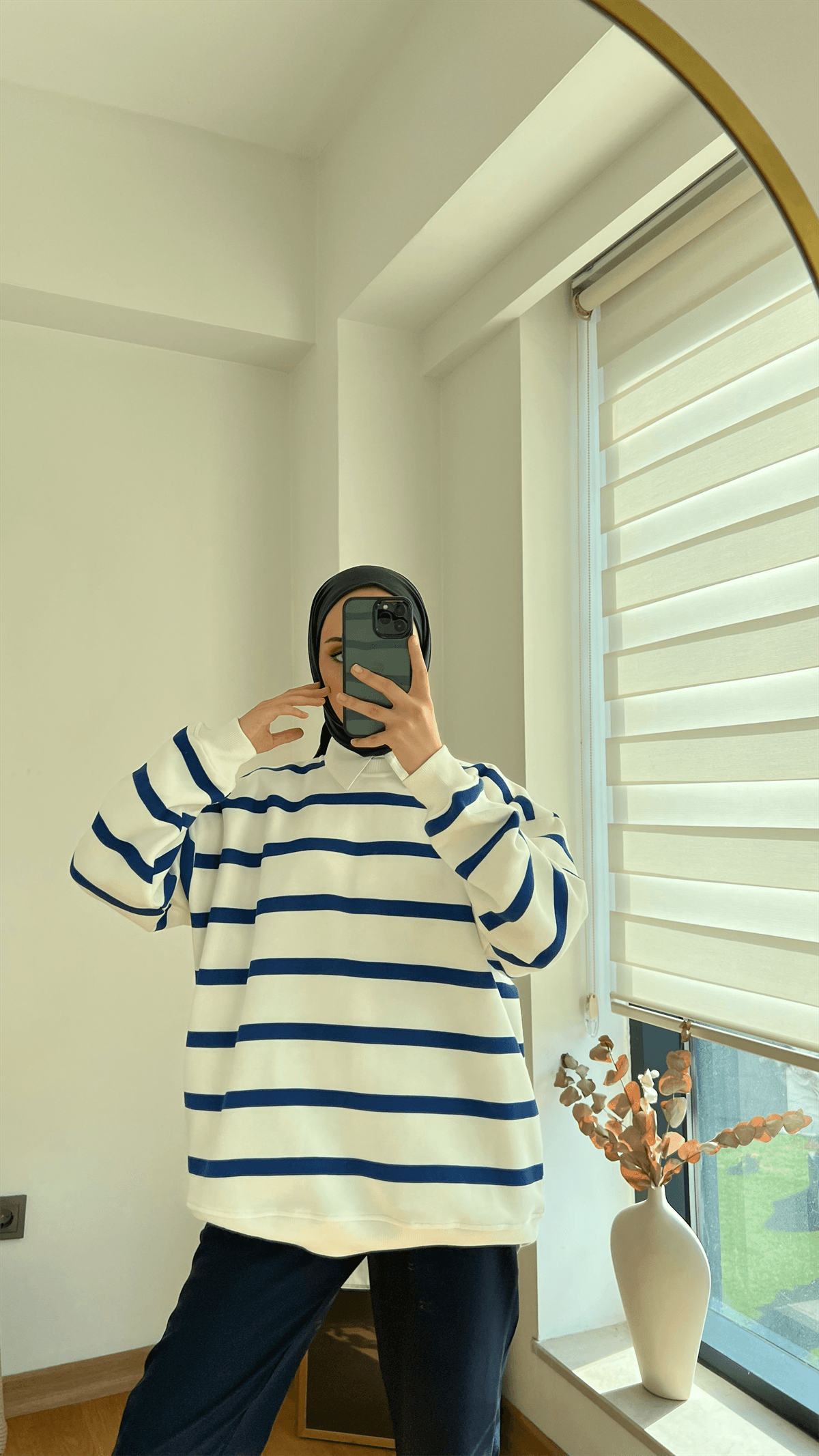 Çizgili Şardonlu Sweatshirt Mavi