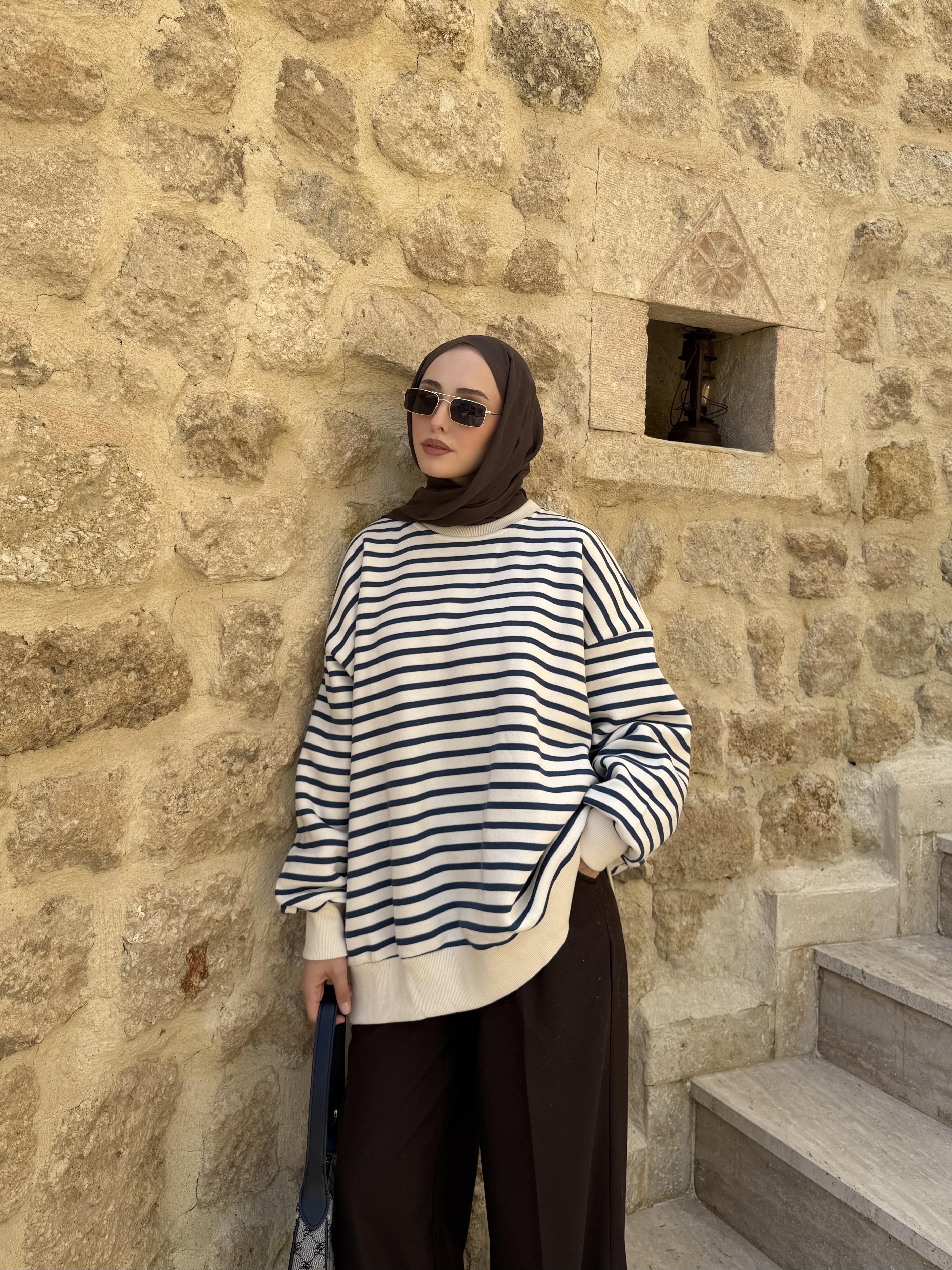 Çizgili Oversize Sweatshirt Lacivert