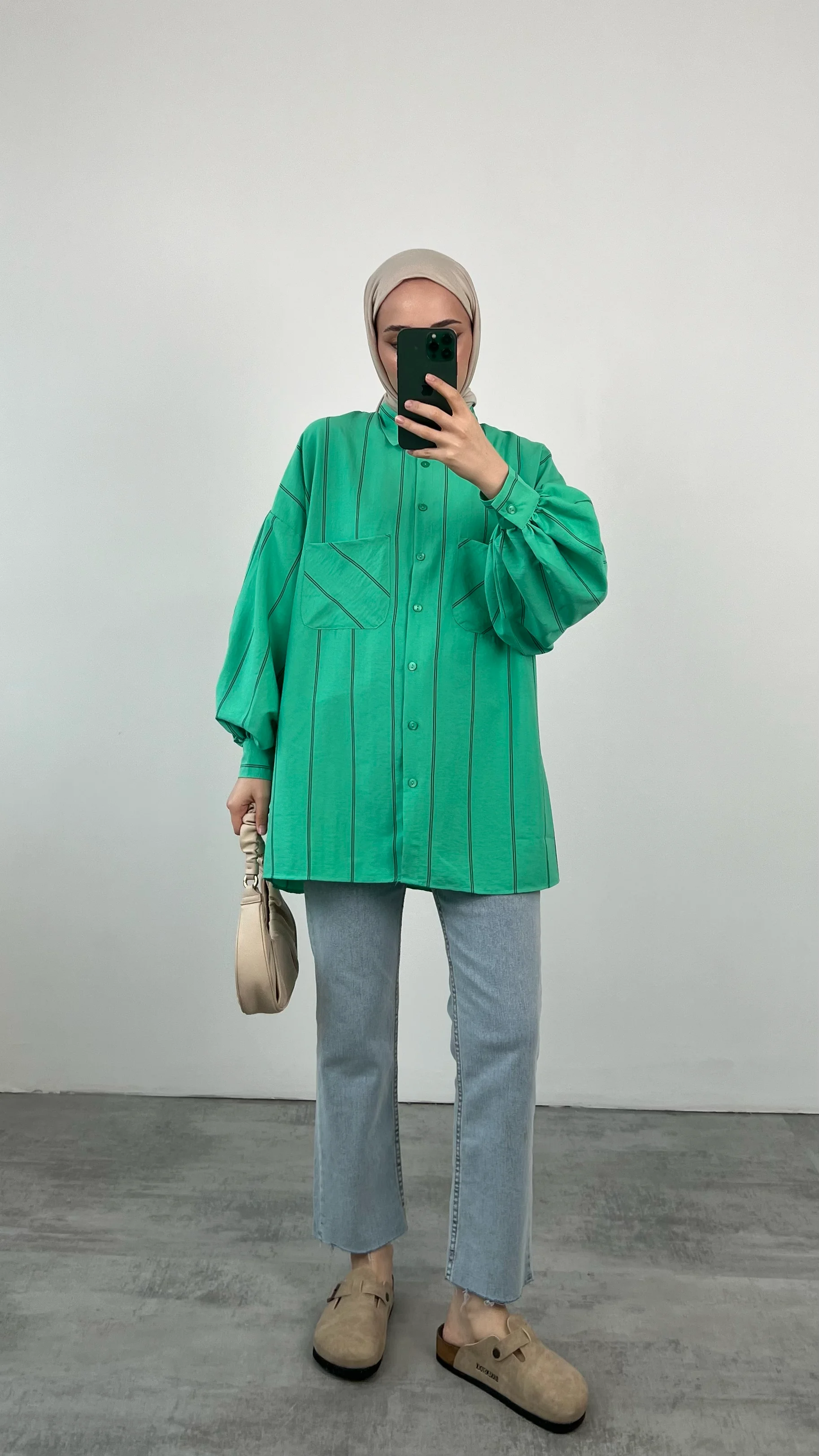 Balon Kol Çizgili Yeşil Gömlek