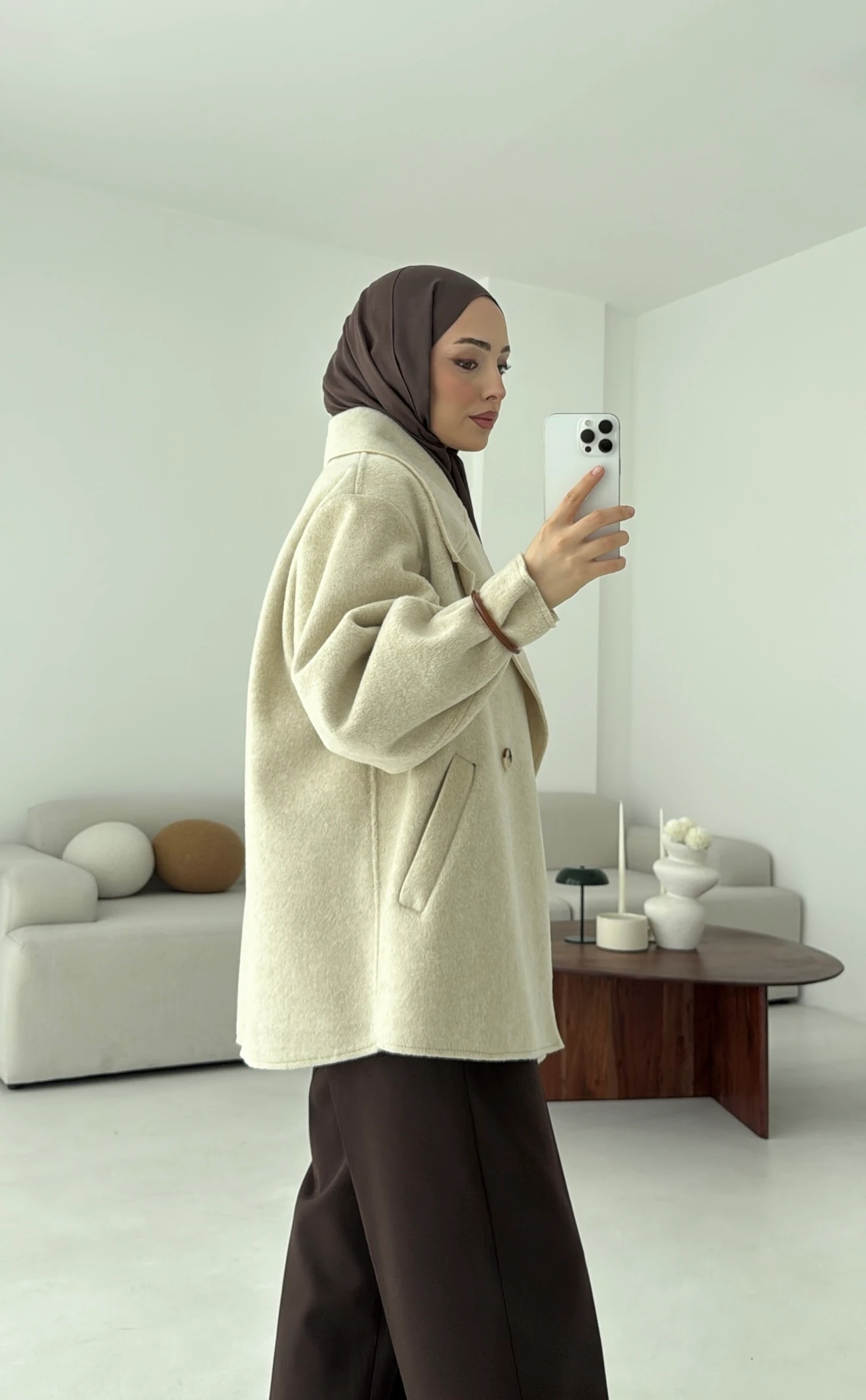 Yumuşak Şal Yaka Kaban Bej