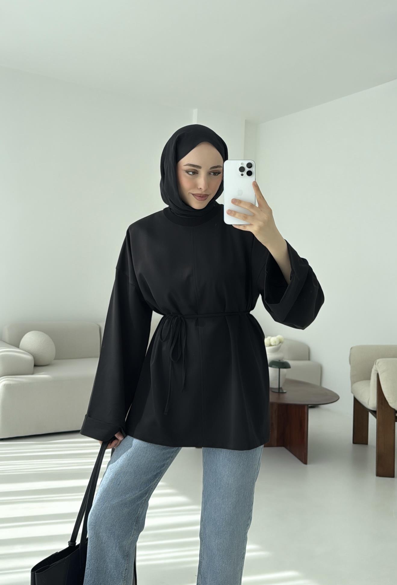 Bağlamalı Yanı Yırtmaç Detay Sweat Siyah