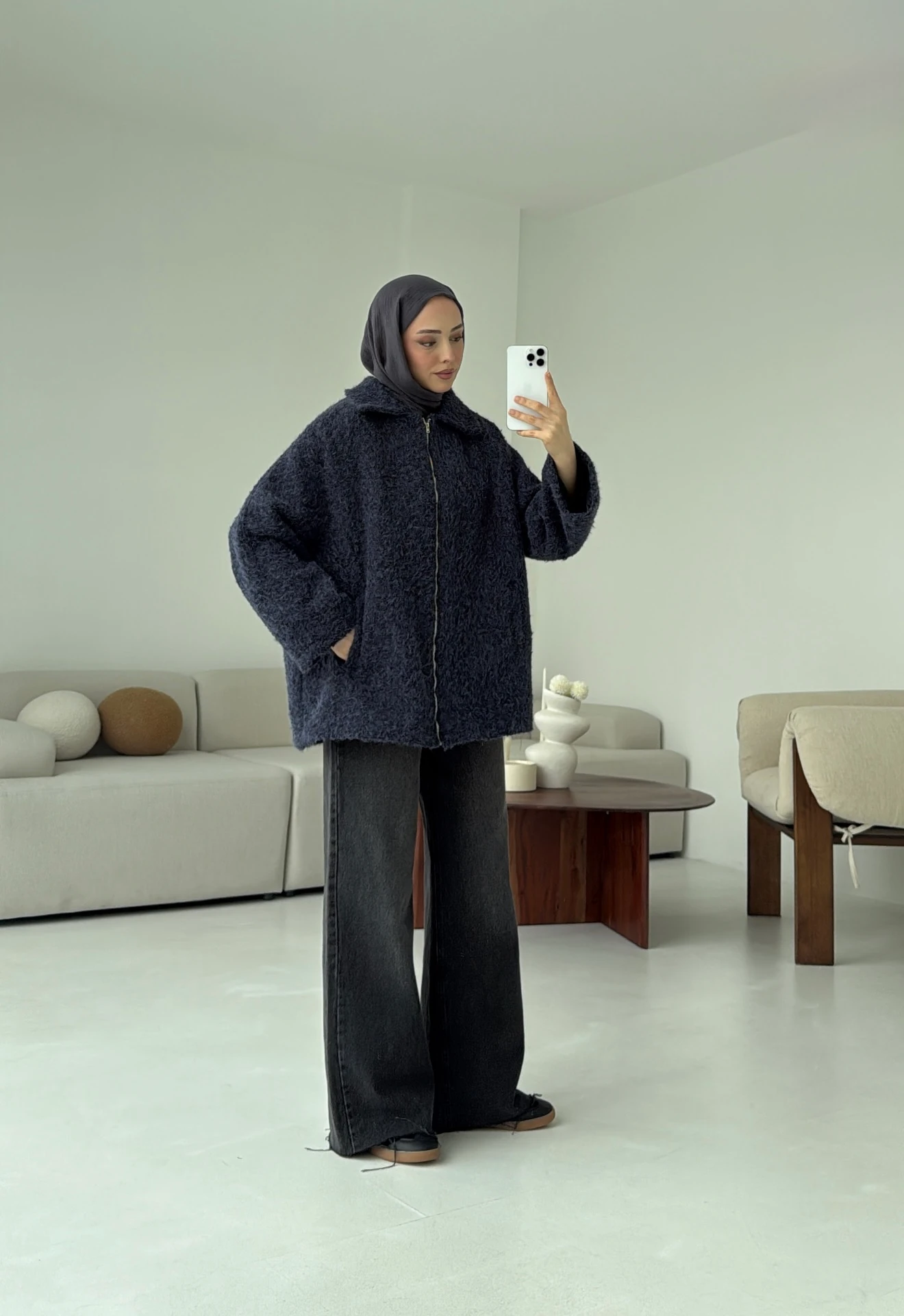 Kırçıllı Fermuarlı Kaban Lacivert