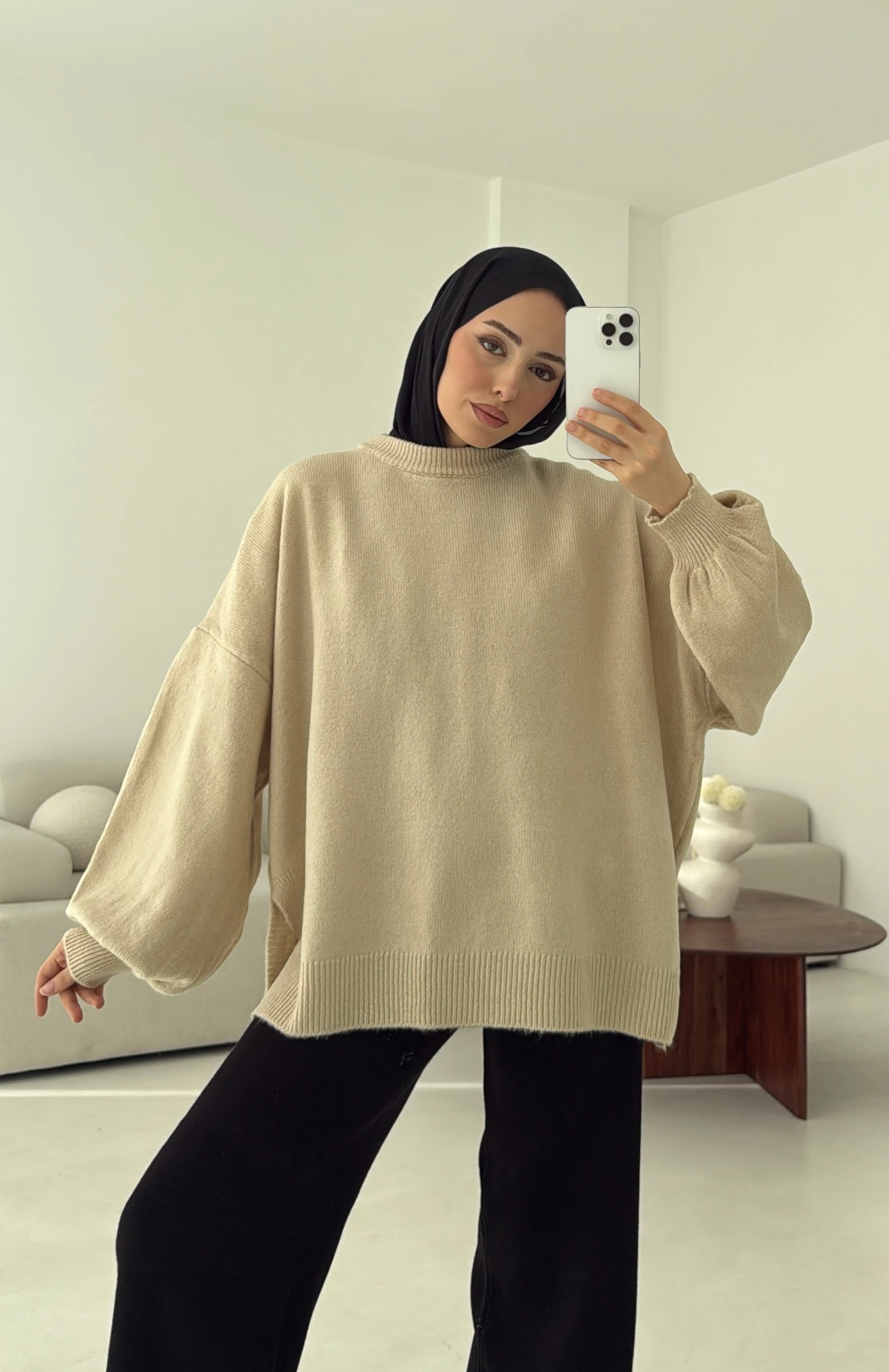 Yırtmaç Detay Balon Kol Kazak Bej