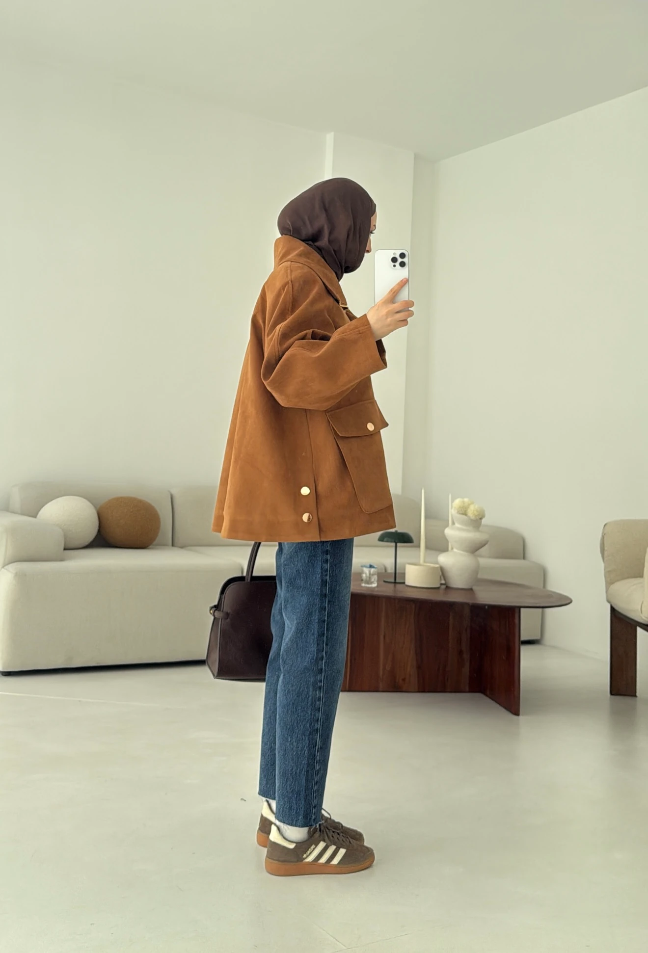 Oversize Dolgulu Süet Ceket Taba