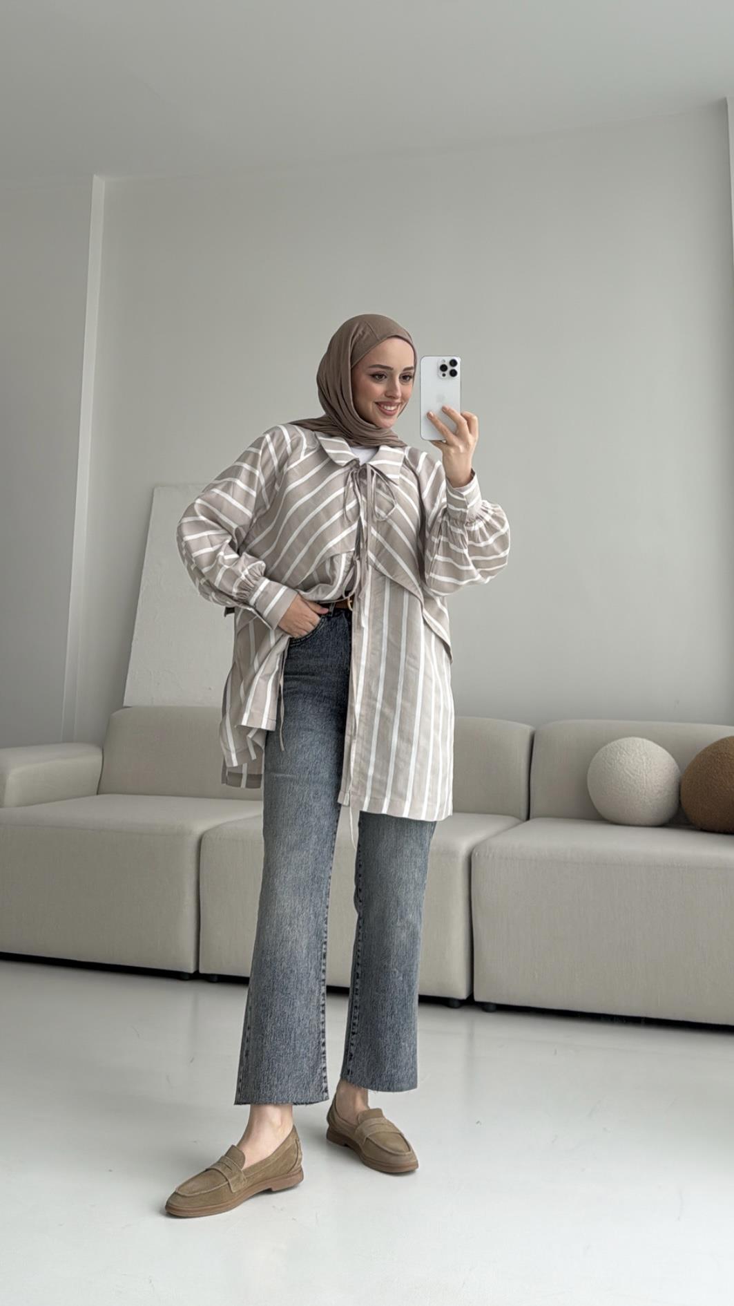 Çizgili Bağlamalı Kimono Bej