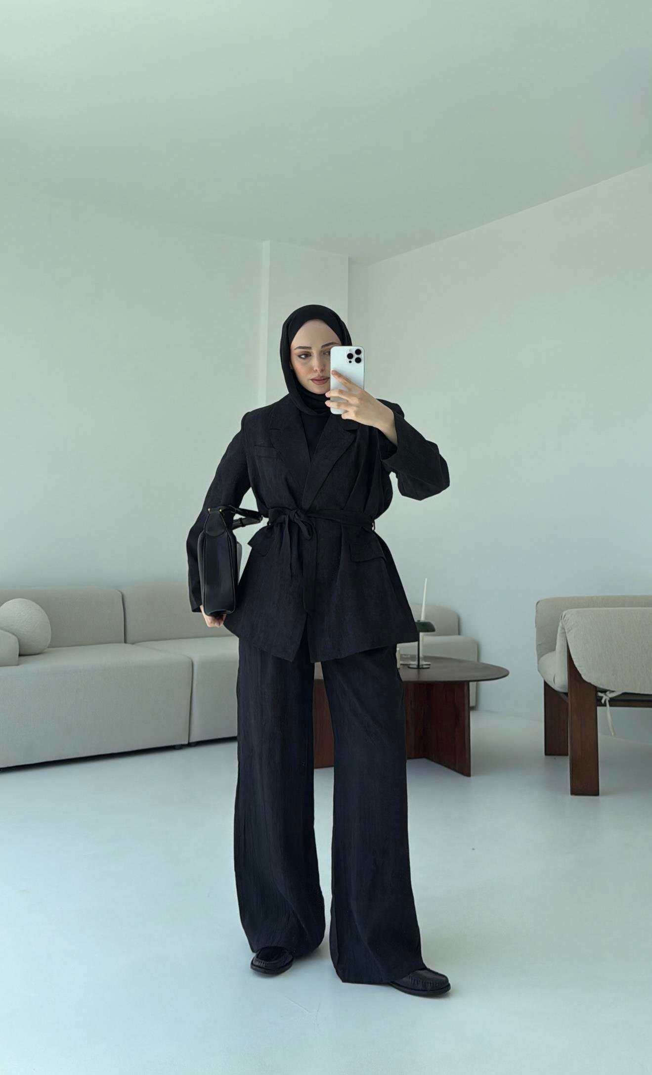 Kemerli Ceket Beli Lastikli Pantolon Takım Siyah