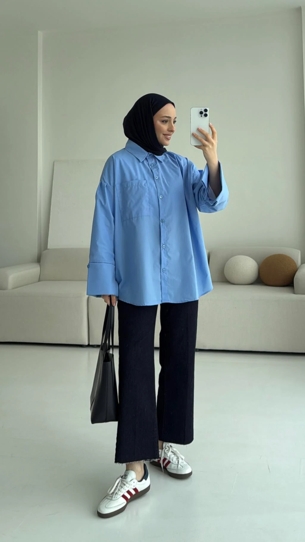 Kalın Manşetli Oversize Mavi Gömlek