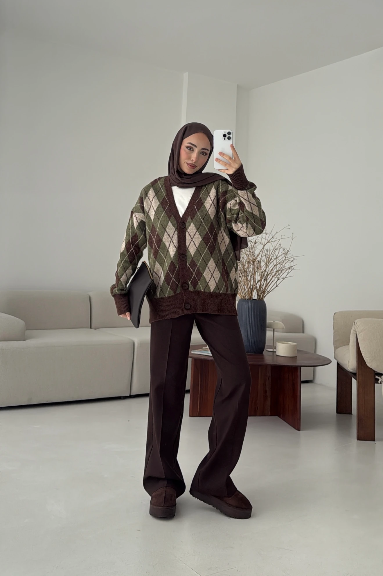 Baklava Jakarlı Hırka Kahve