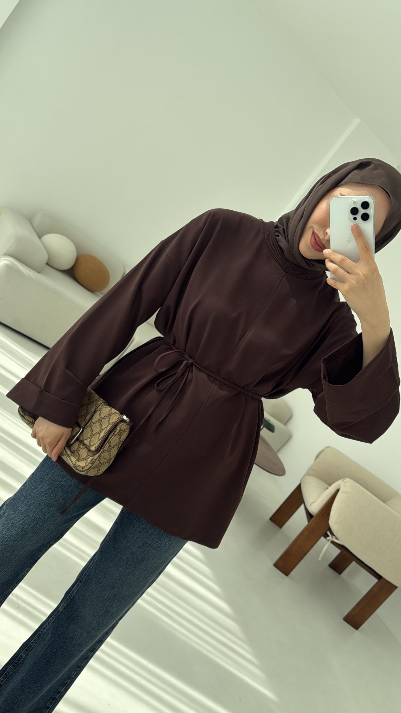 Bağlamalı Yanı Yırtmaç Detay Sweat Kahve