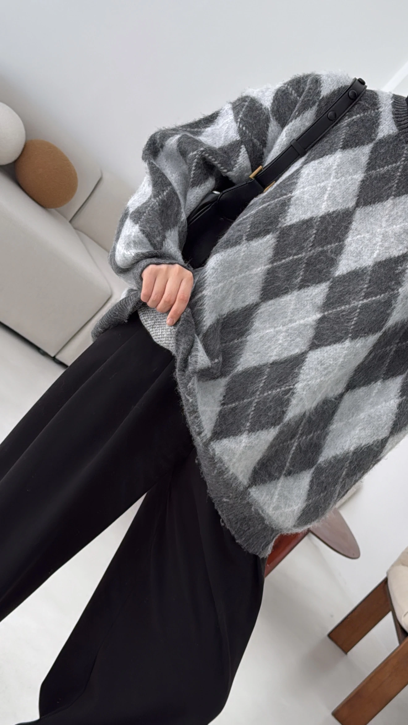 Baklava Desen Şardonlu Kazak Gri