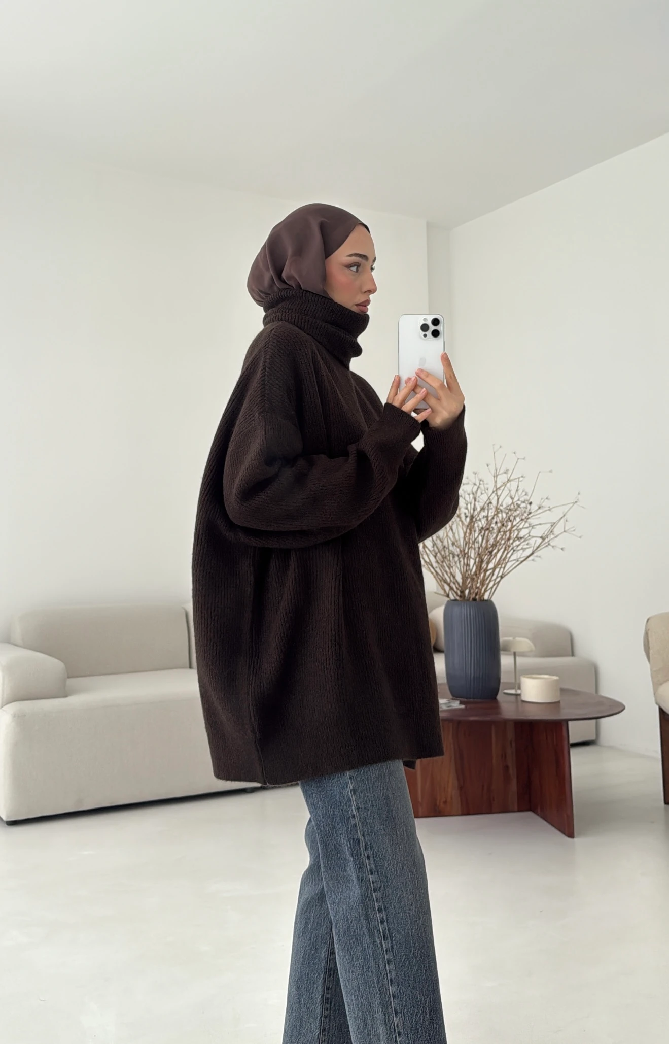 Balıkçı Yaka Oversizse Triko Kazak Kahve