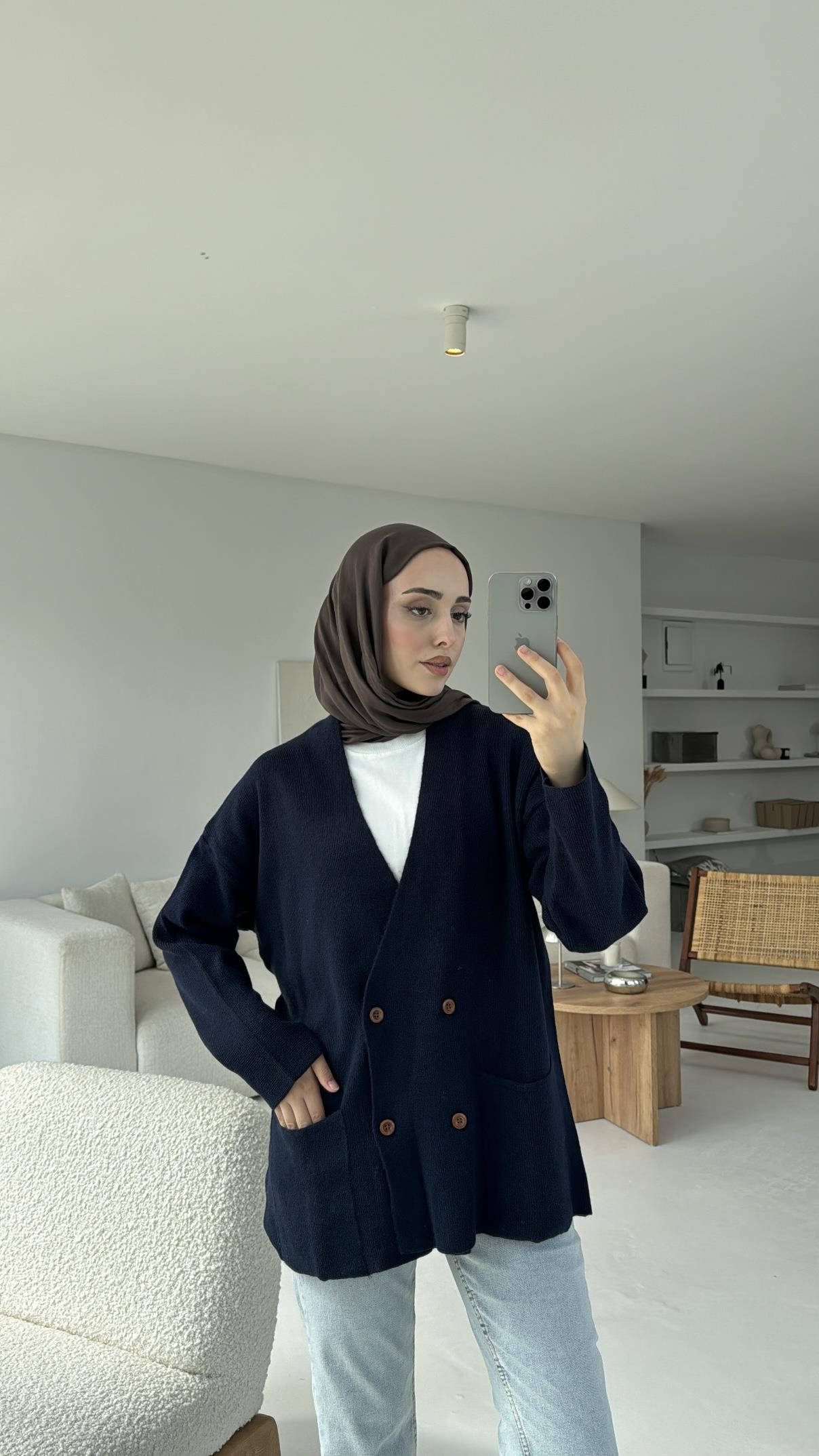 Düğmeli Cepli Triko Hırka Lacivert