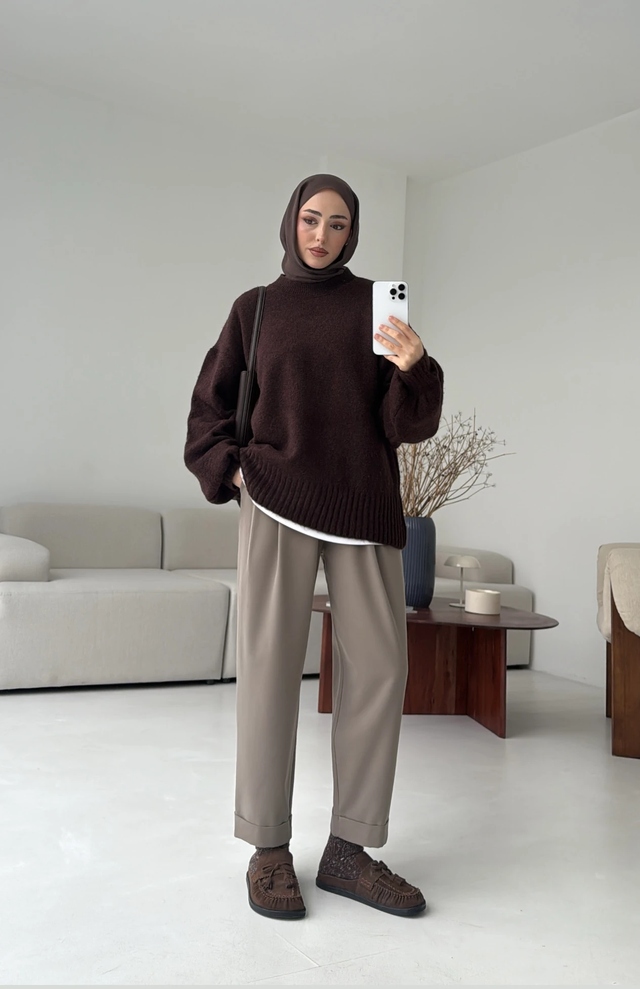 Balon Kol Yumuşak Kazak Kahve