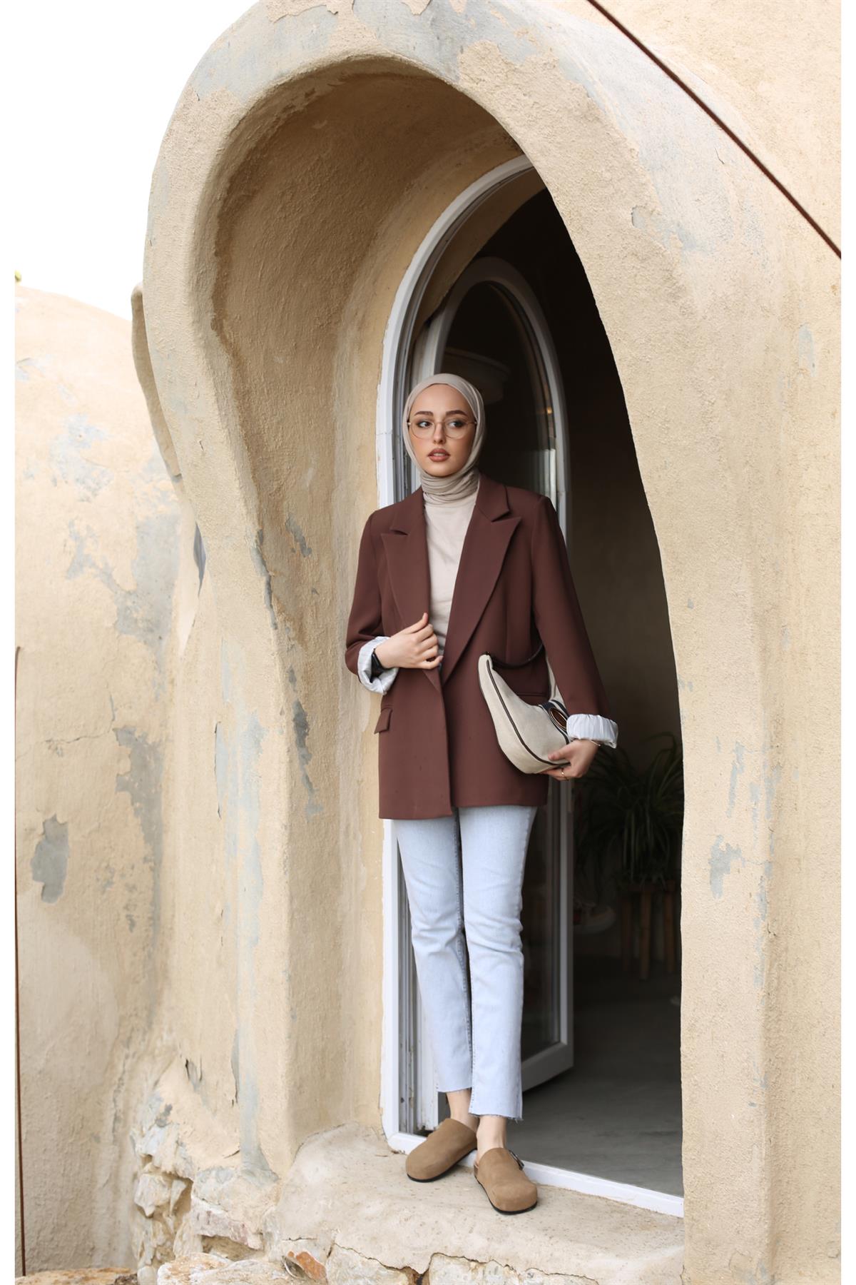 İç Astarı Çizgili Blazer Ceket Kahve