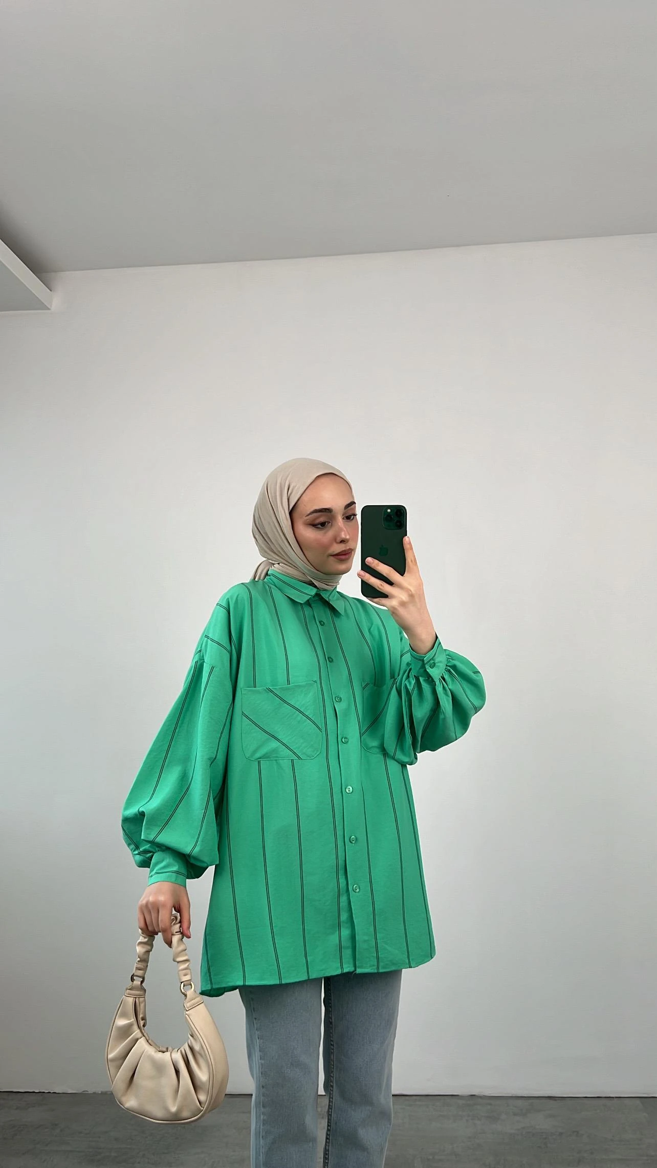 Balon Kol Çizgili Yeşil Gömlek