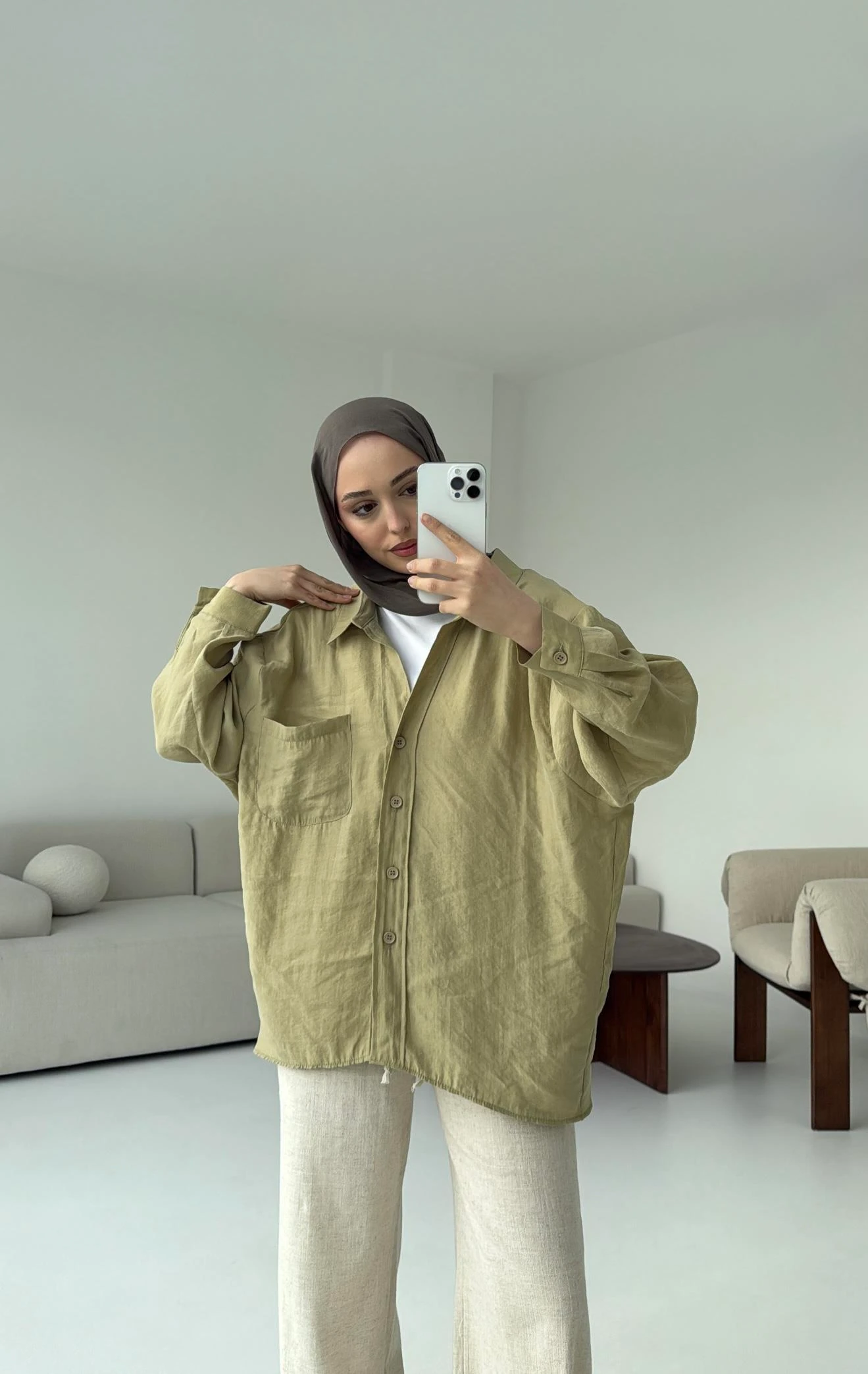 Düşük Omuz Oversize Gömlek Haki