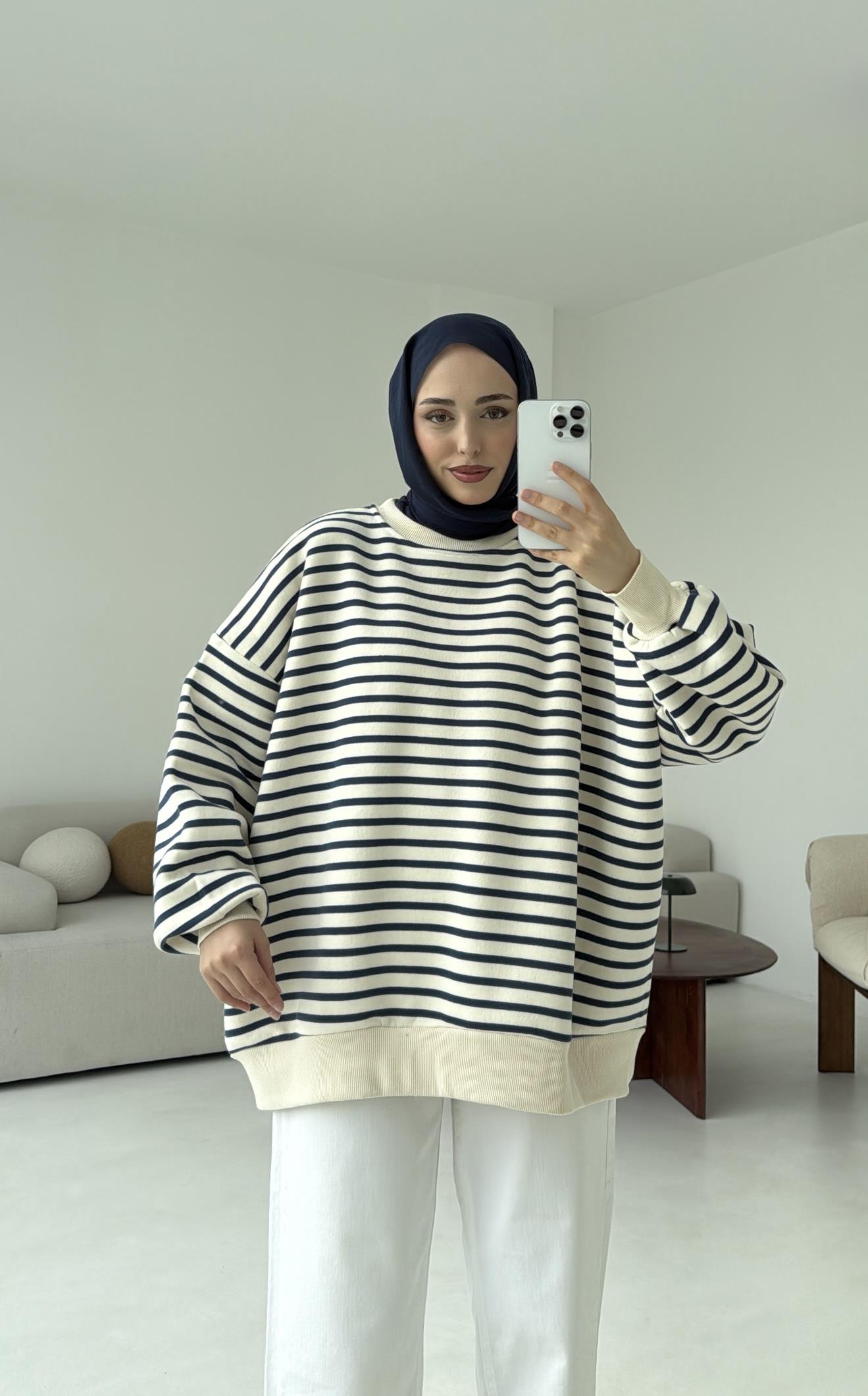 Çizgili Oversize Sweatshirt Lacivert