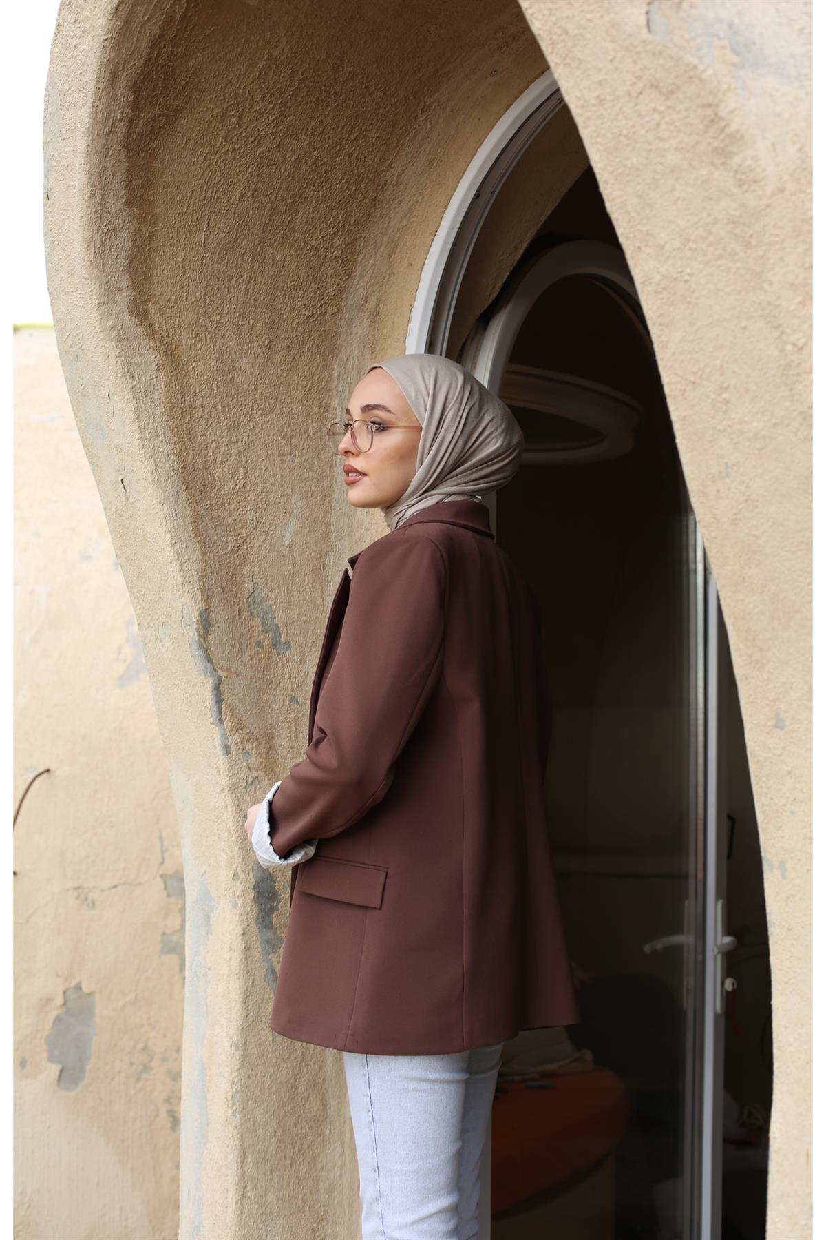 İç Astarı Çizgili Blazer Ceket Kahve