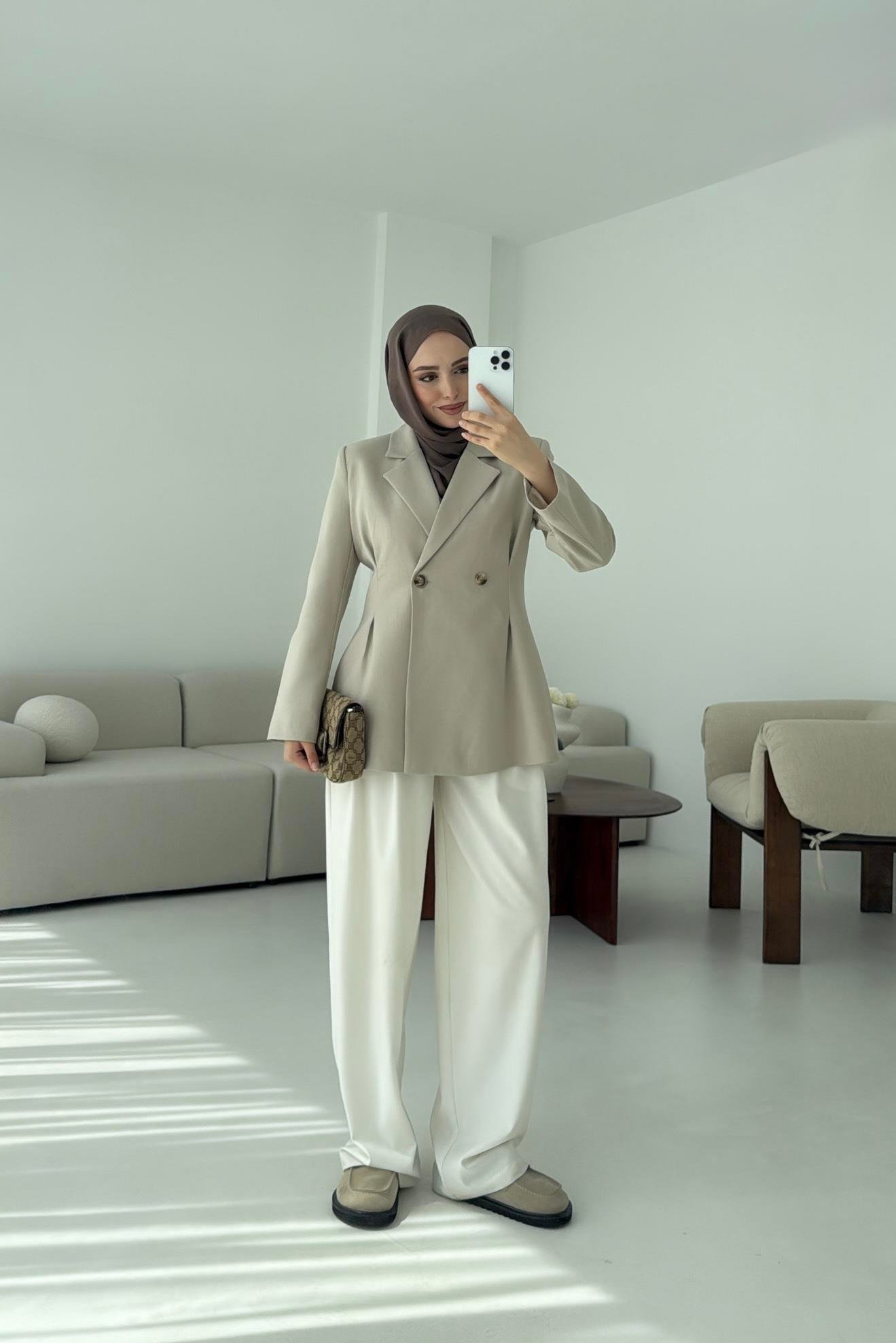 Pile Detay Blazer Ceket Taş