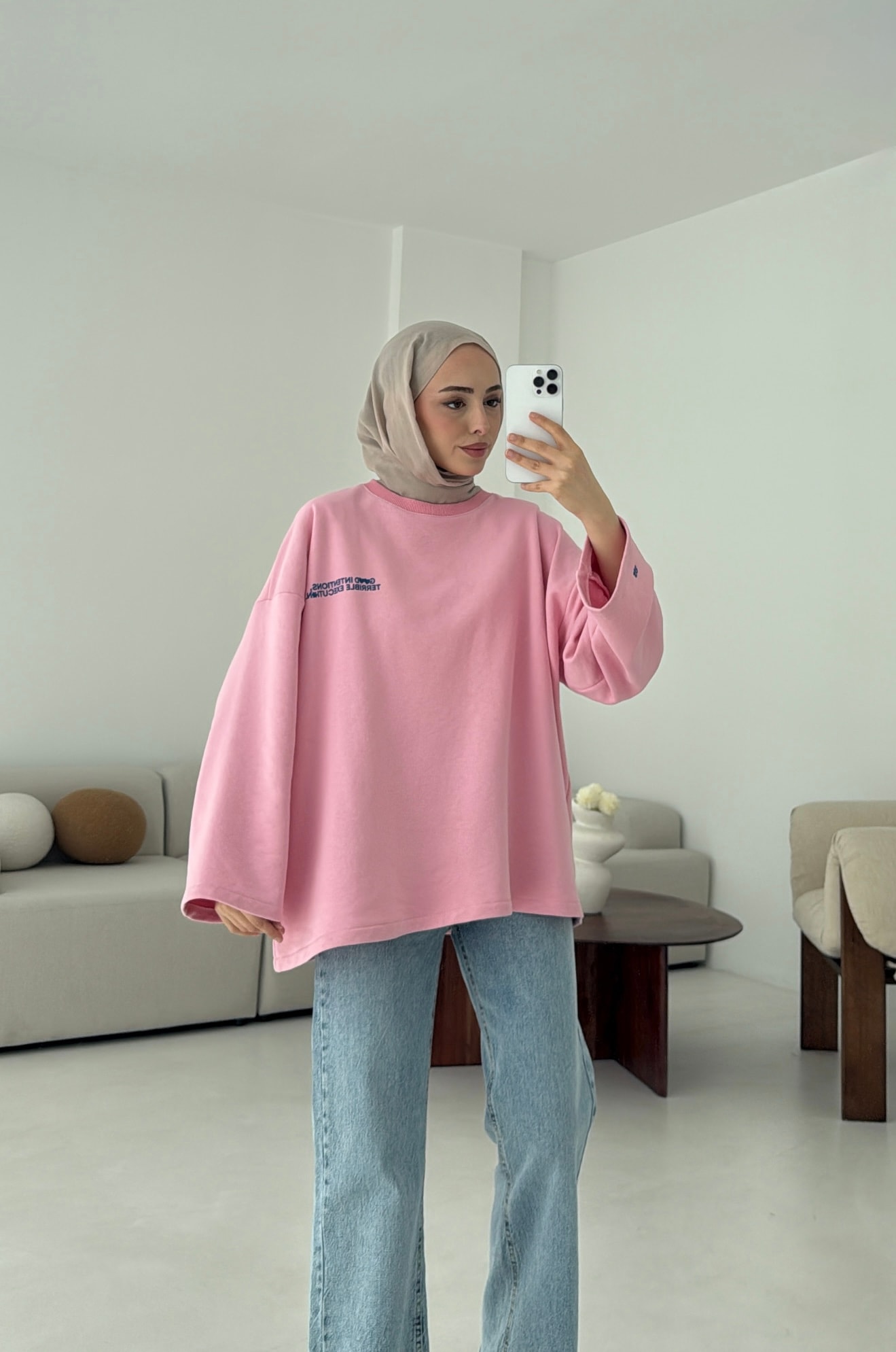 Nakışlı Oversize Sweatshirt Pembe