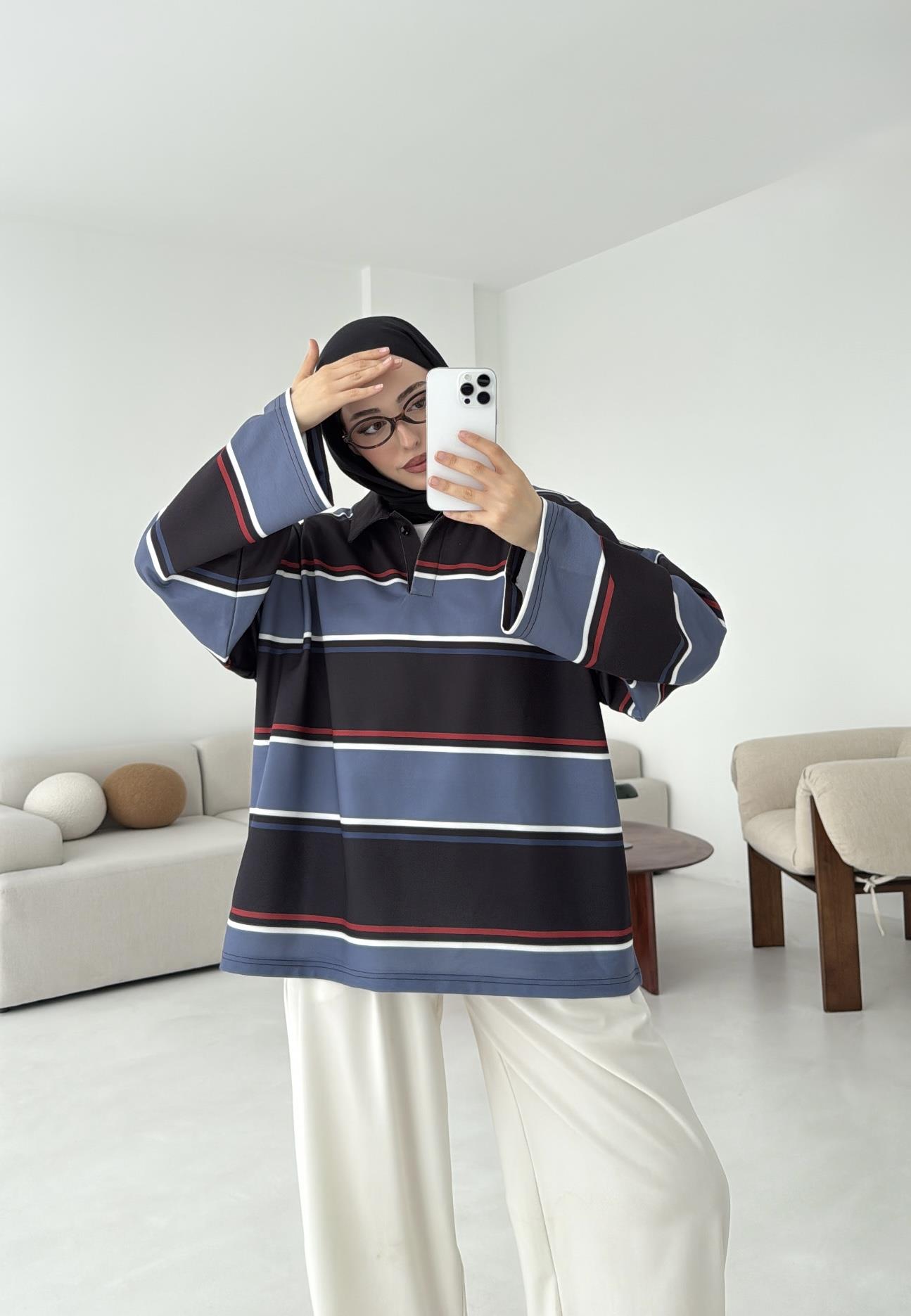 Lacivert Çizgili Polo Yaka Sweatshrt