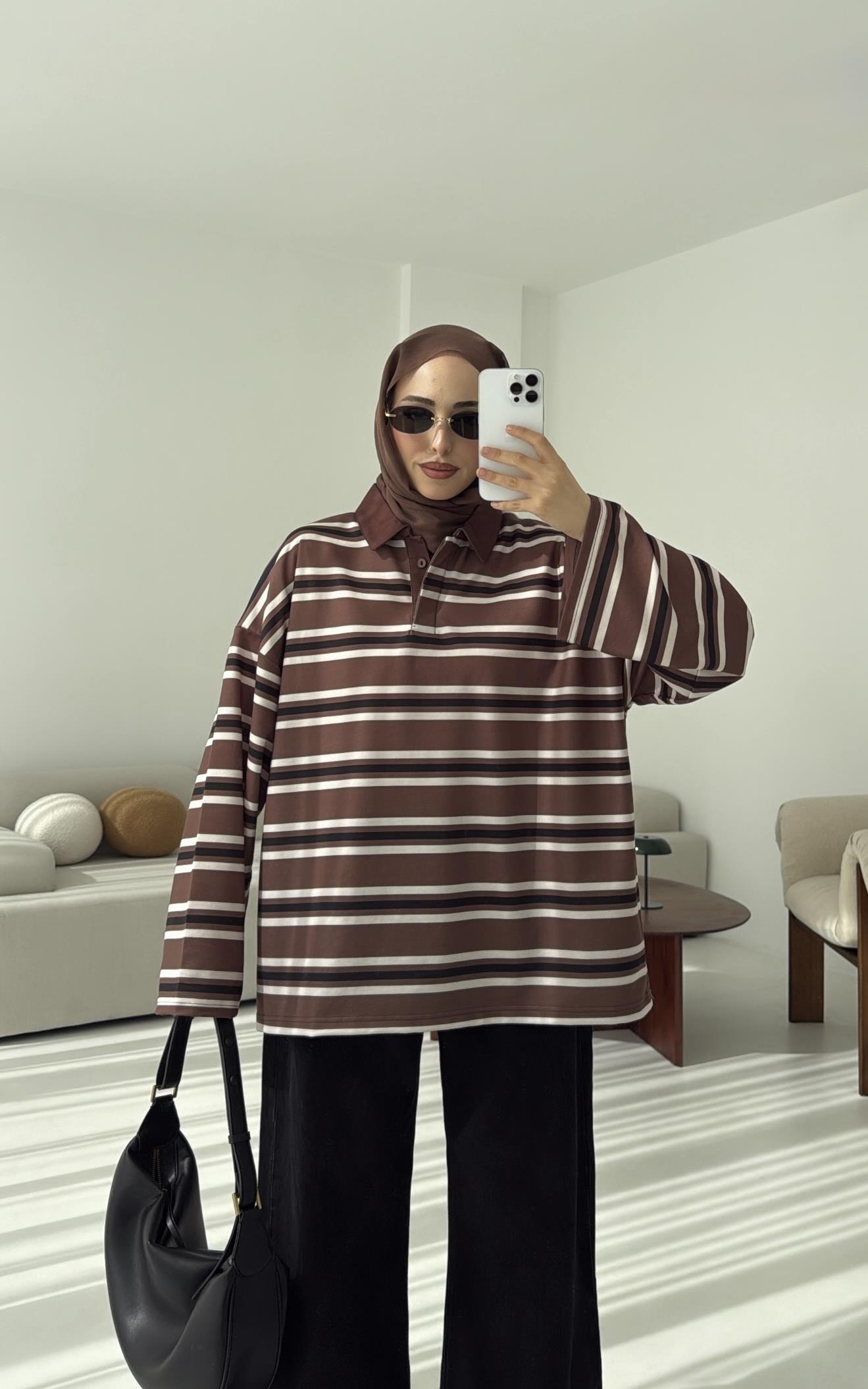 Kahve Çizgili Polo Yaka Sweatshrt