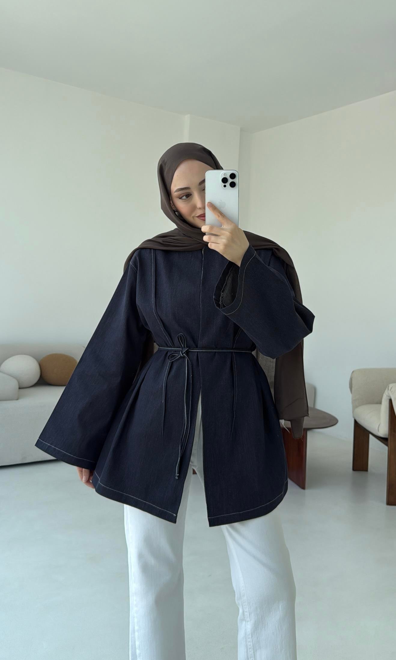Biyeli Kot Kimono/Ceket Lacivert