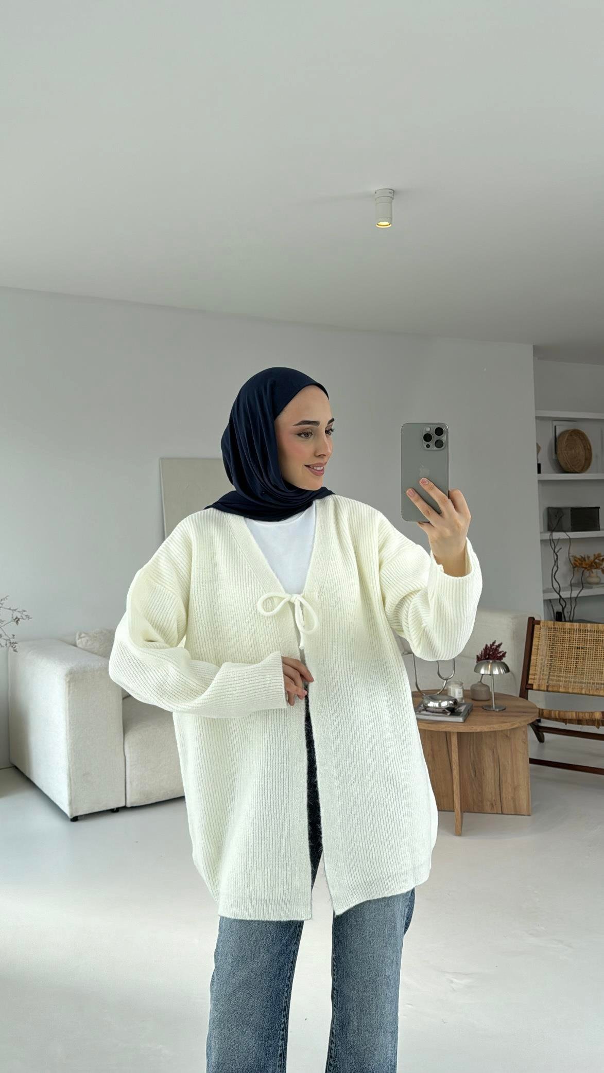 Bağlamalı Triko Hırka Beyaz