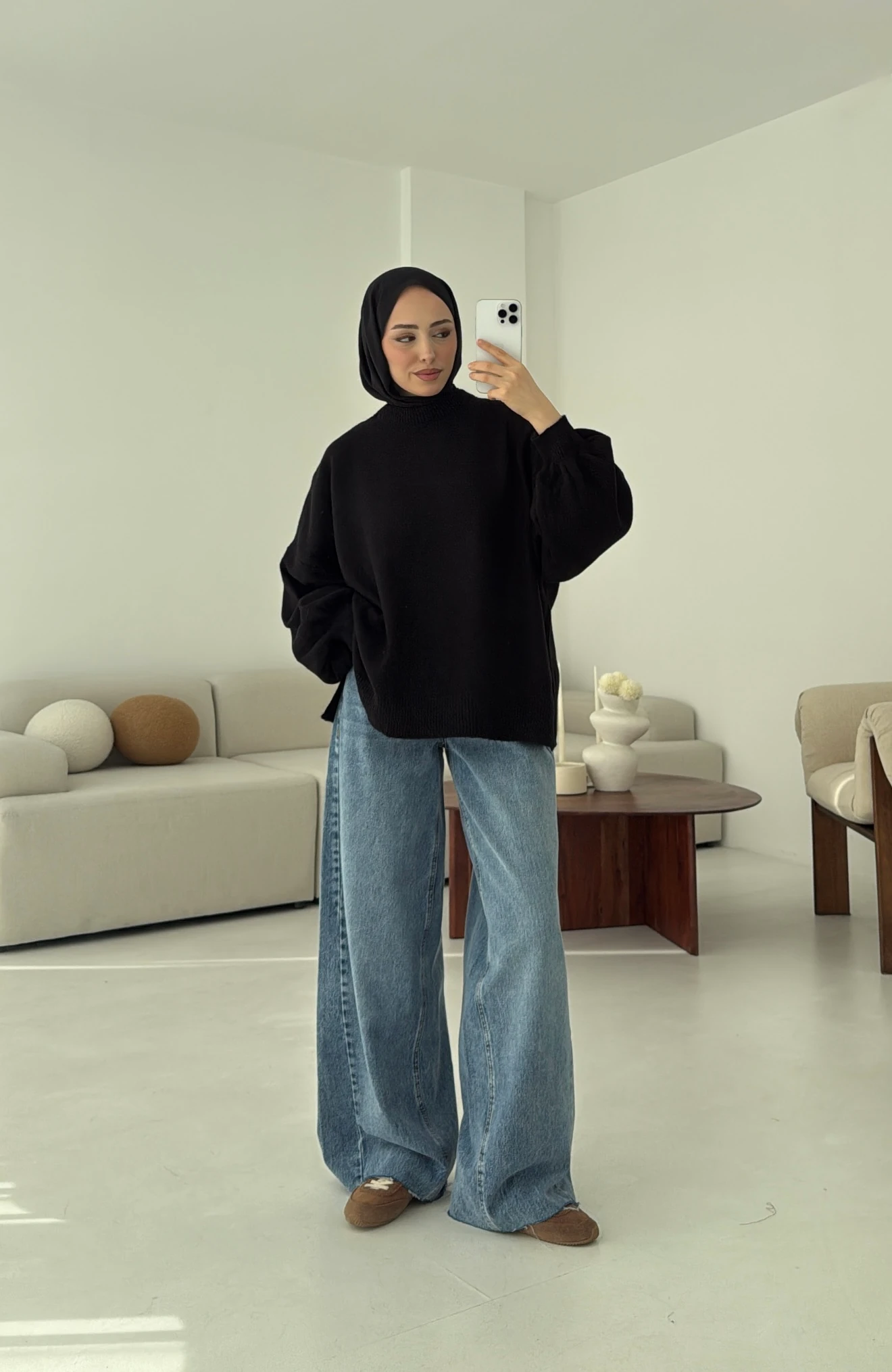 Yırtmaç Detay Balon Kol Kazak Siyah