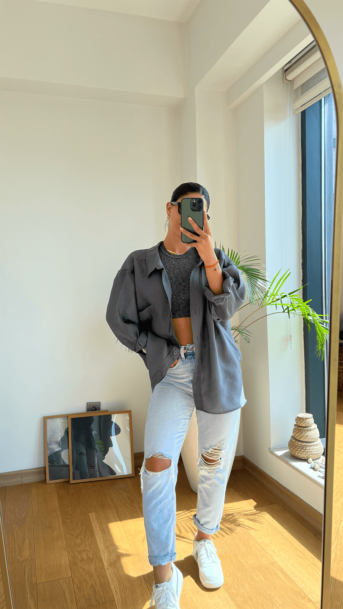 Oversize Pamuk Saten Gömlek Antrasit