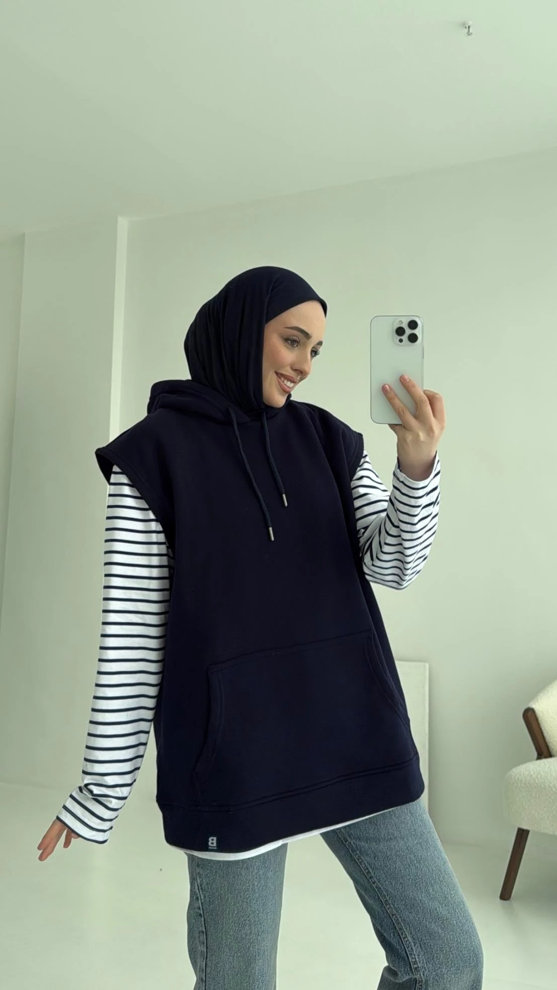 Kapüşonlu Çizgili İki Parçalı Sweat Lacivert