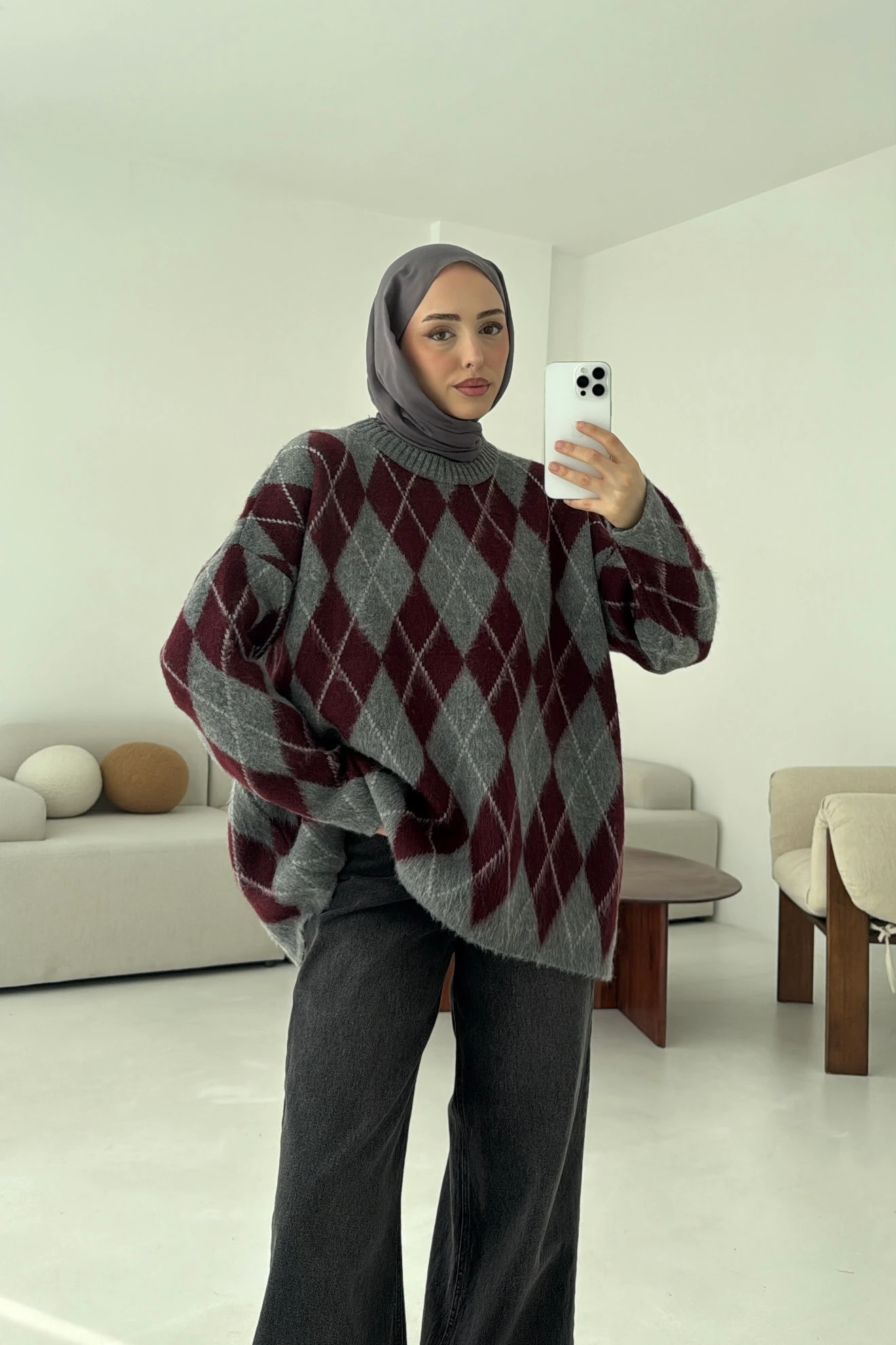 Premium Desenli Kalın Kazak Gri/Bordo