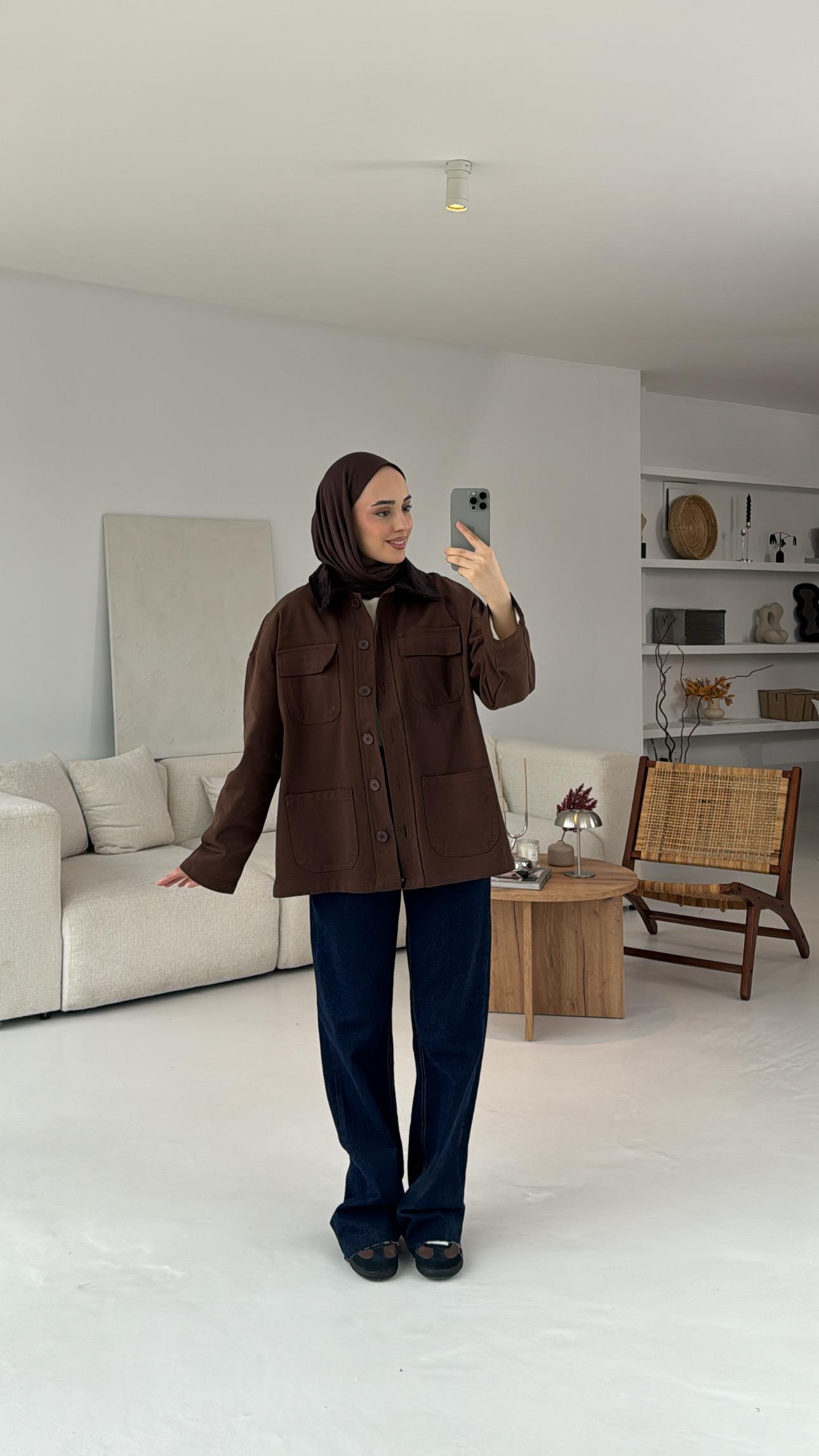 Kadife Yaka Cep Detaylı Ceket Kahve