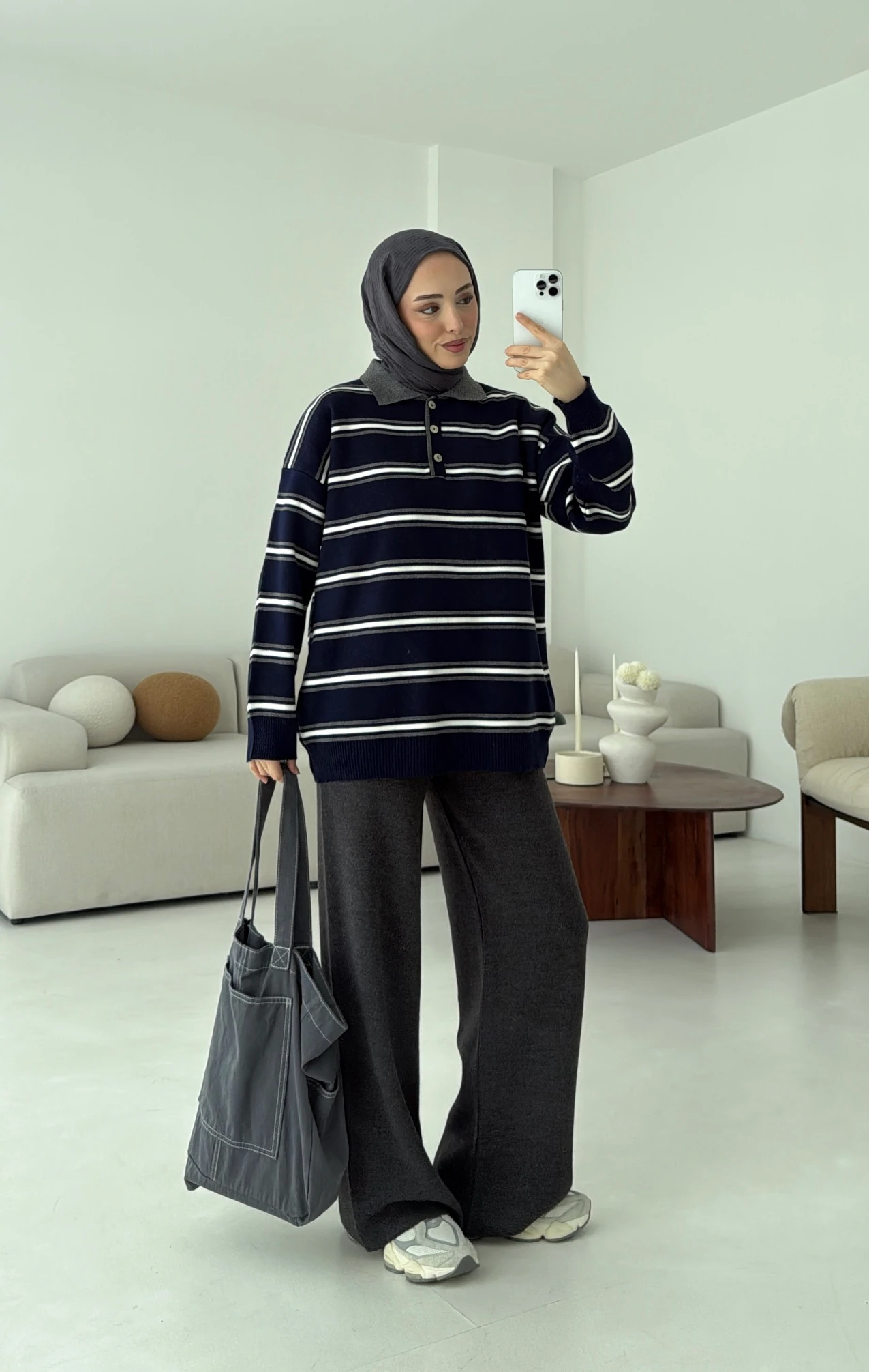 Lacivert Çizgili Polo Yaka Triko Kazak