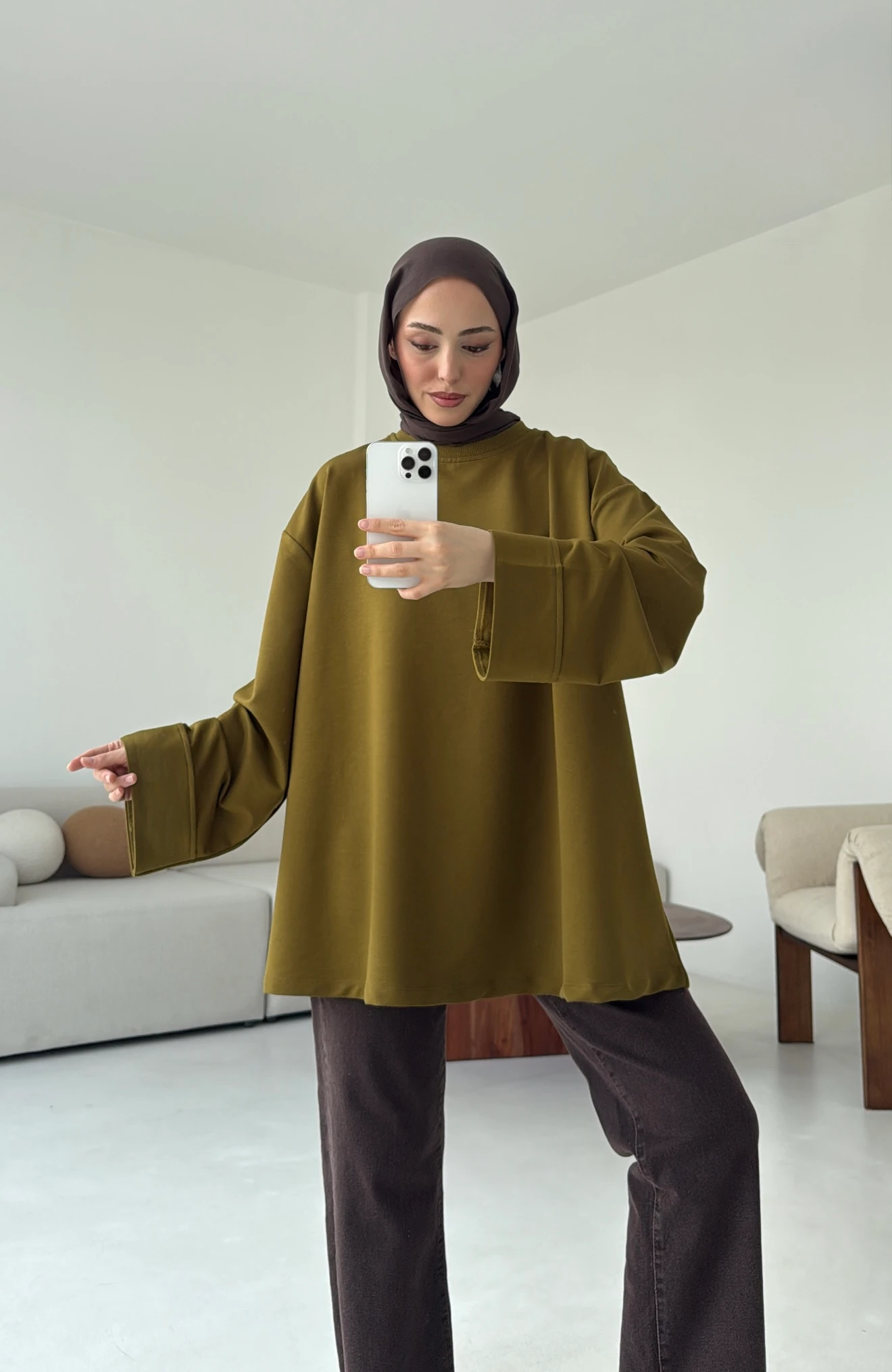 Dikiş Detay Basic Sweat Olive