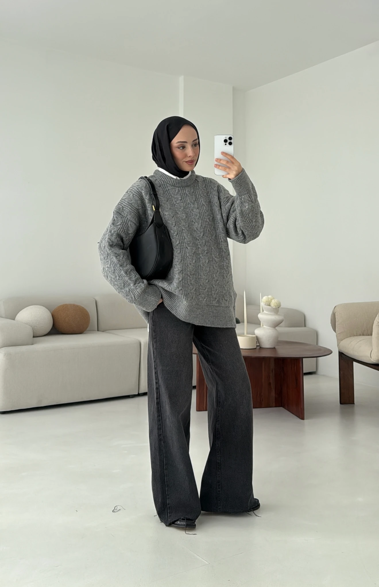 Kalın Saç Örgü Kazak Gri 