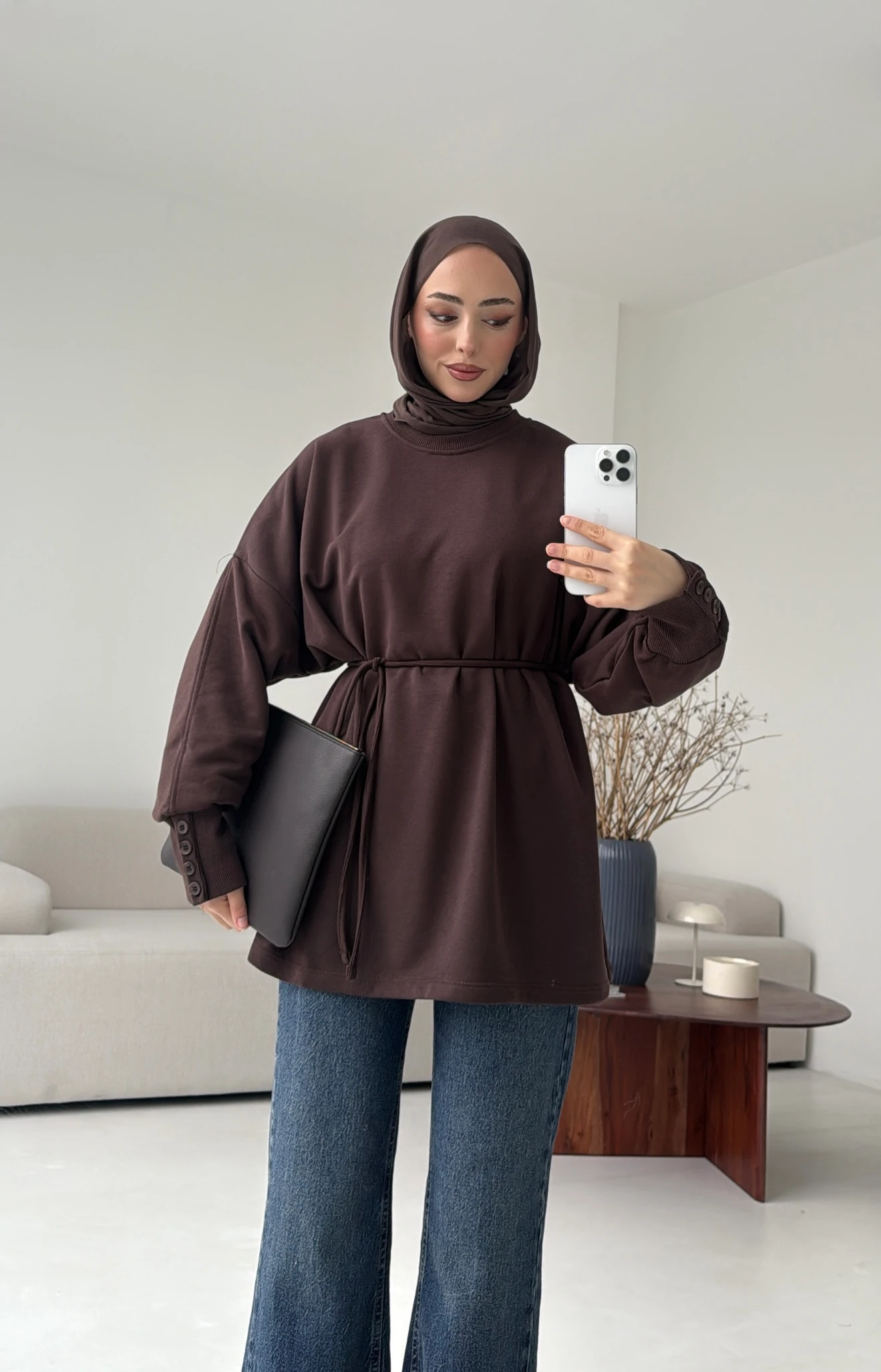 Manşeti Düğme Detay Swearshirt Kahve