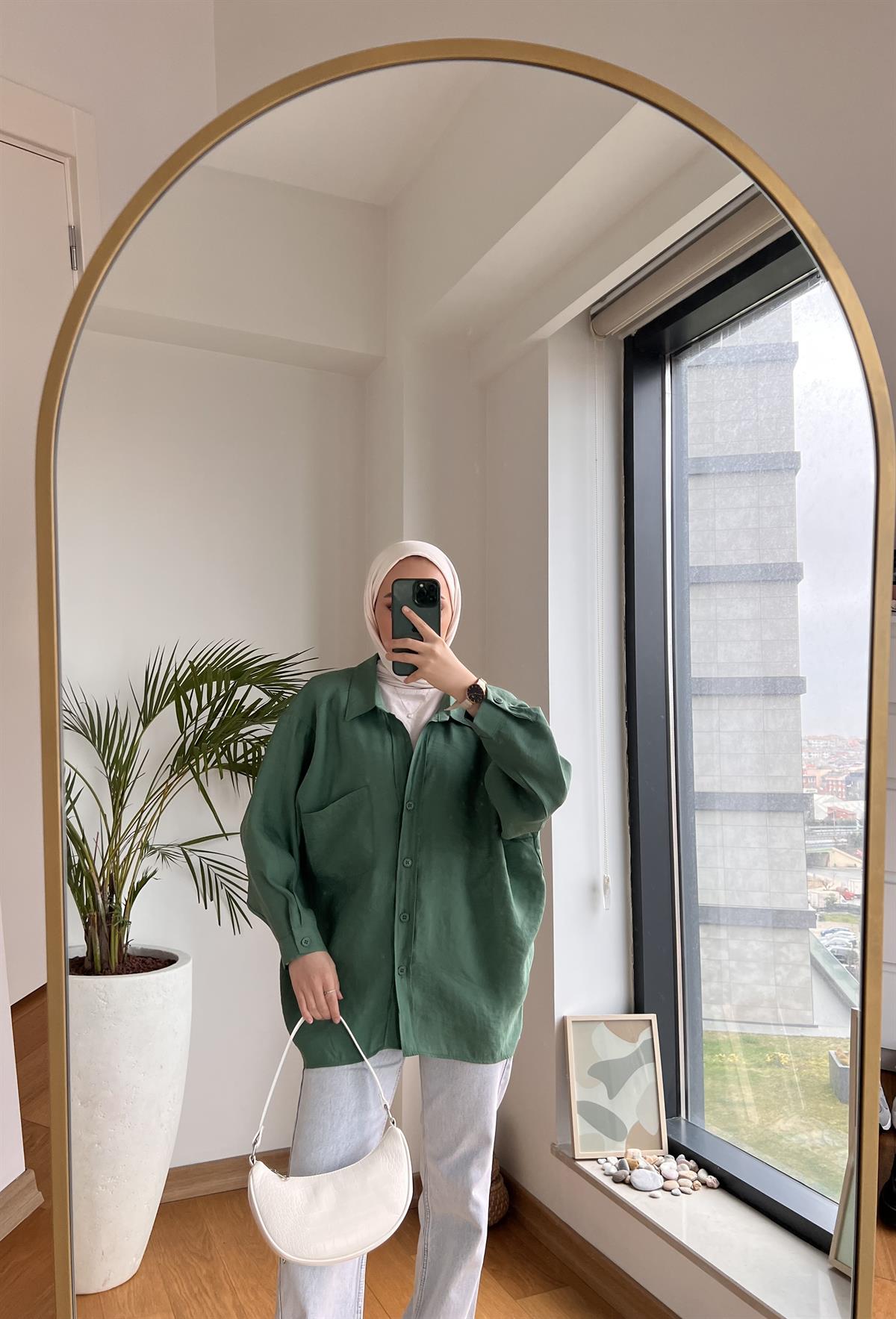 Oversize Pamuk Saten Gömlek Yeşil