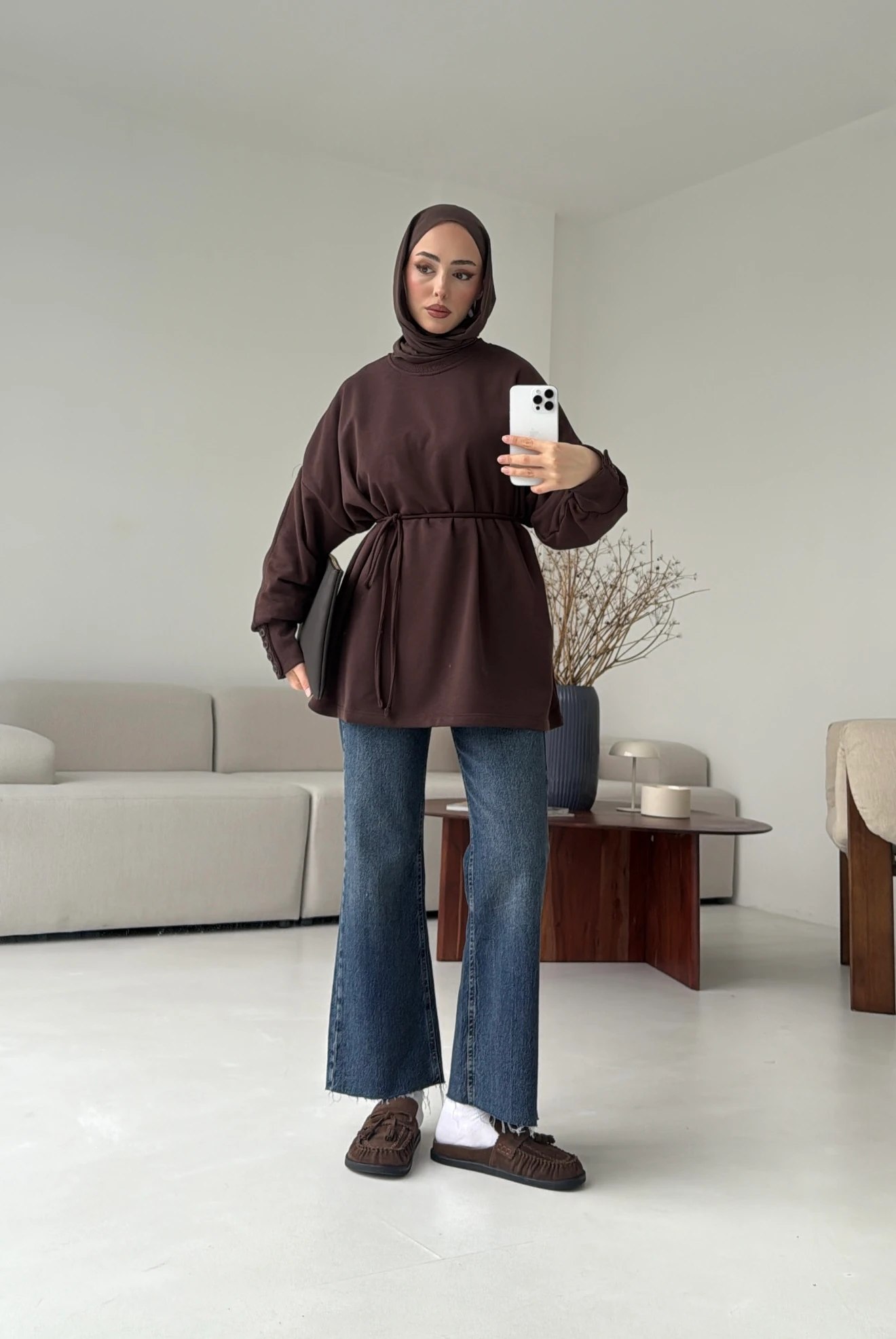 Manşeti Düğme Detay Swearshirt Kahve