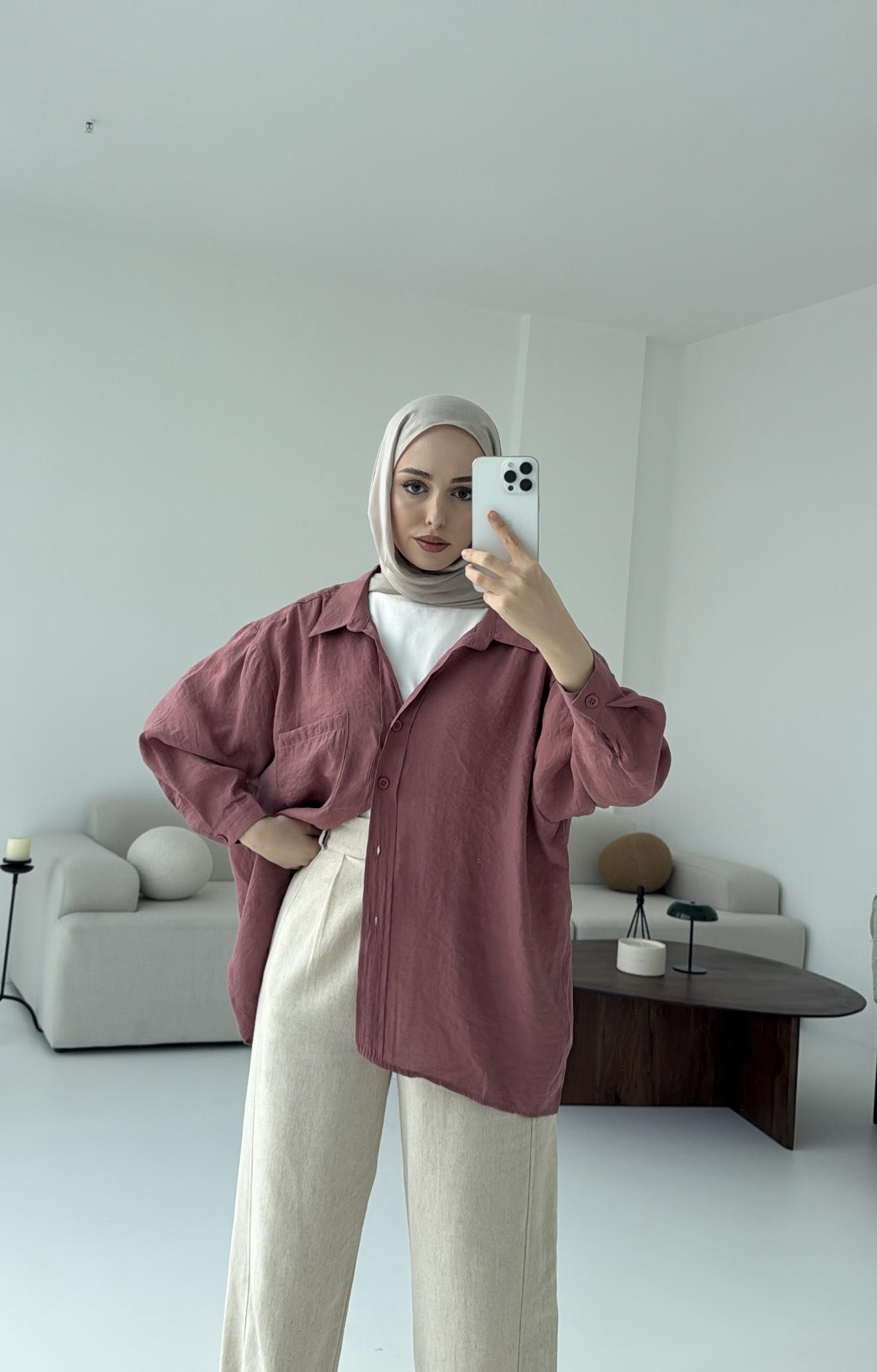 Düşük Omuz Oversize Gömlek Gül Kurusu