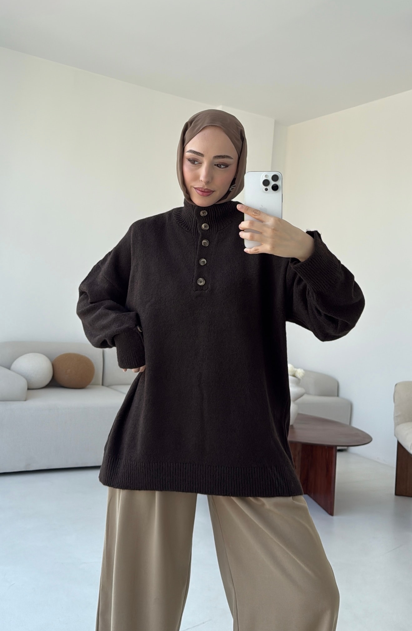 Kolları Düğme Detay Triko Kazak Acı Kahve